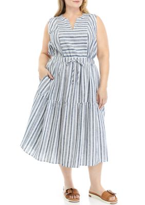 Plus Sleeveless Stripe Tie Waist Midi Dress