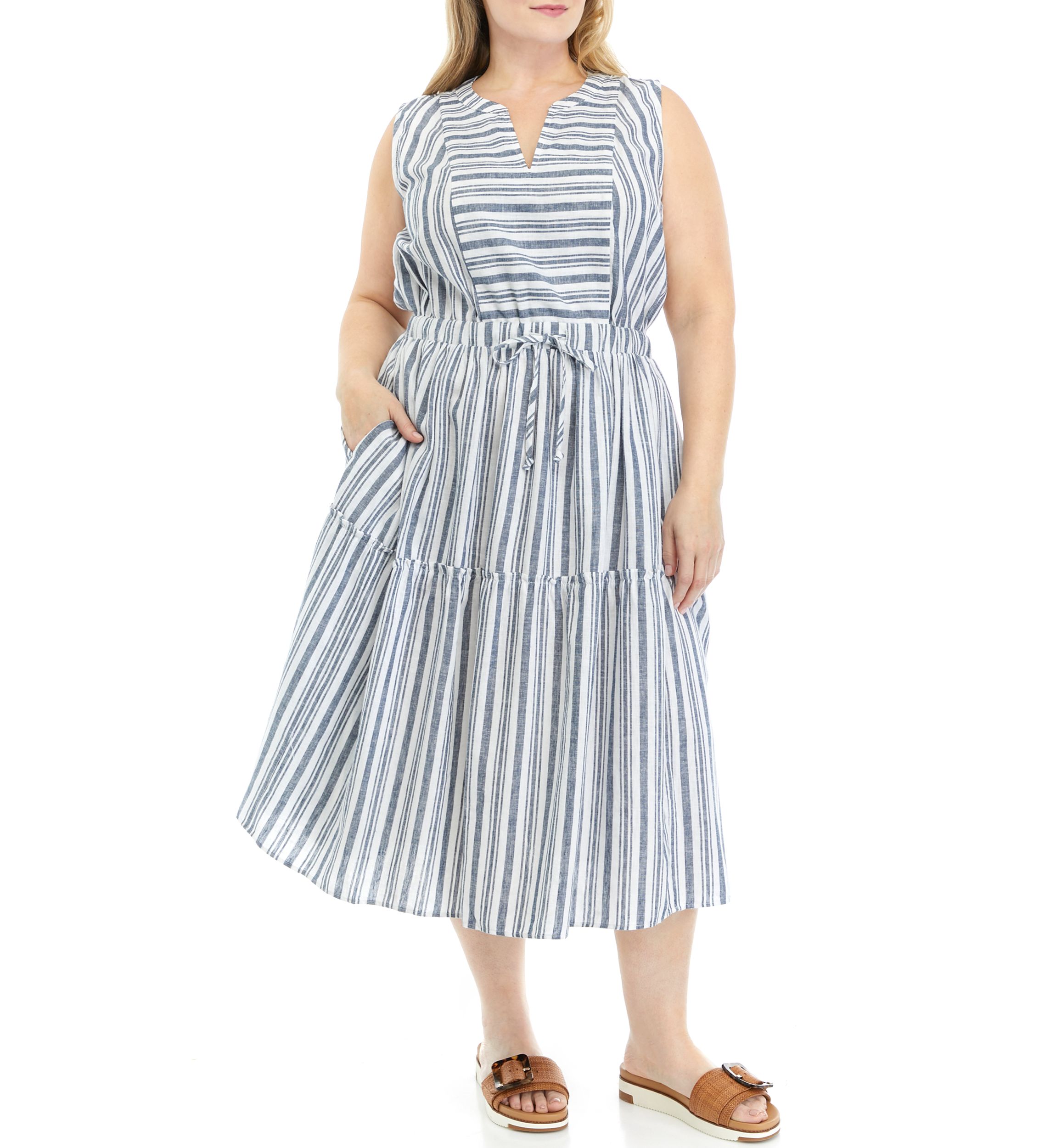Plus Size Sleeveless Stripe Tie Waist Midi Dress