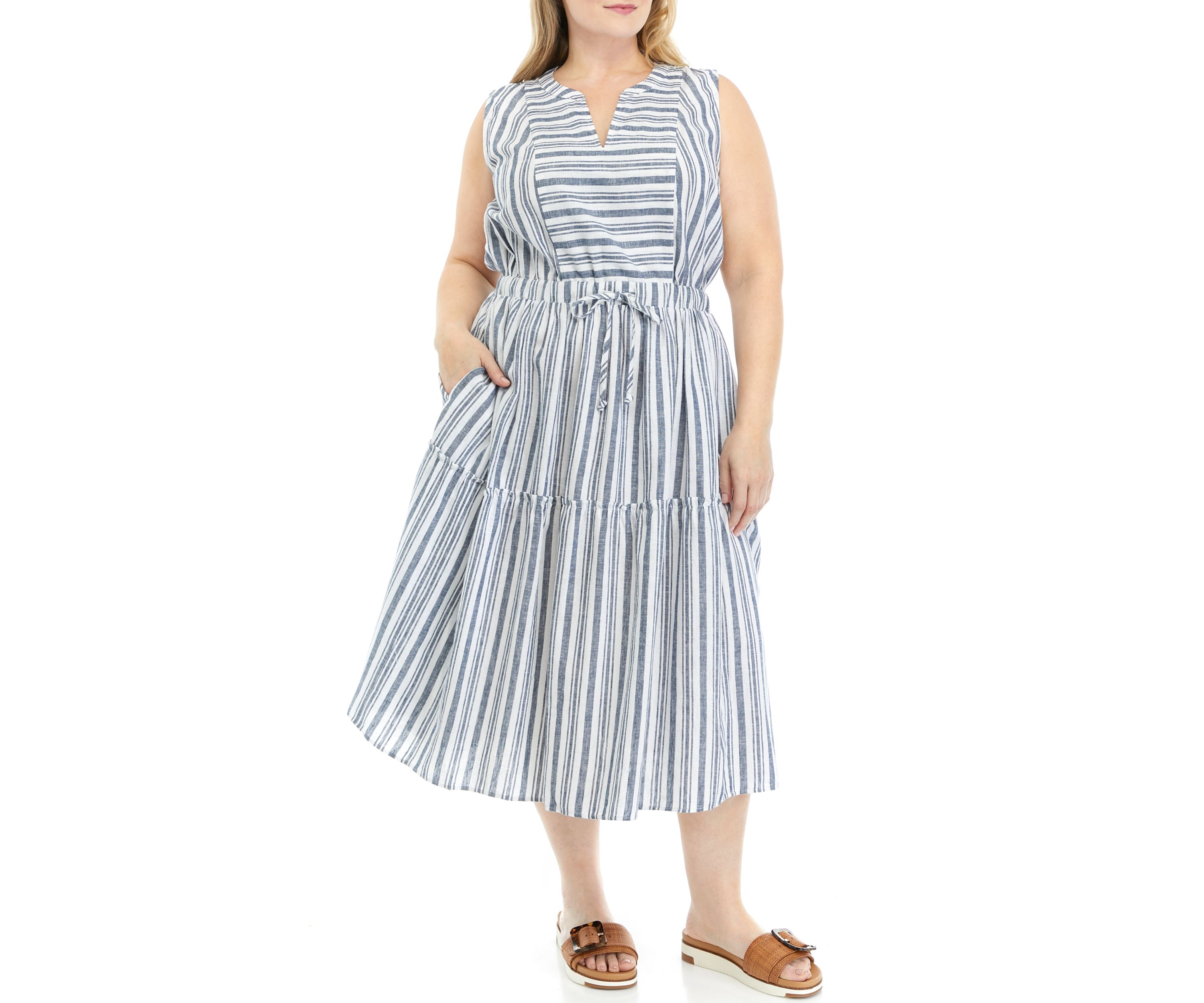 Plus Size Sleeveless Stripe Tie Waist Midi Dress