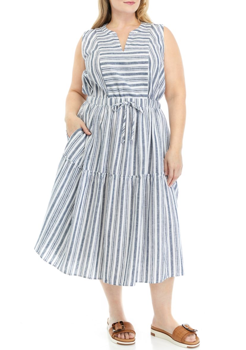 Plus Size Sleeveless Stripe Tie Waist Midi Dress