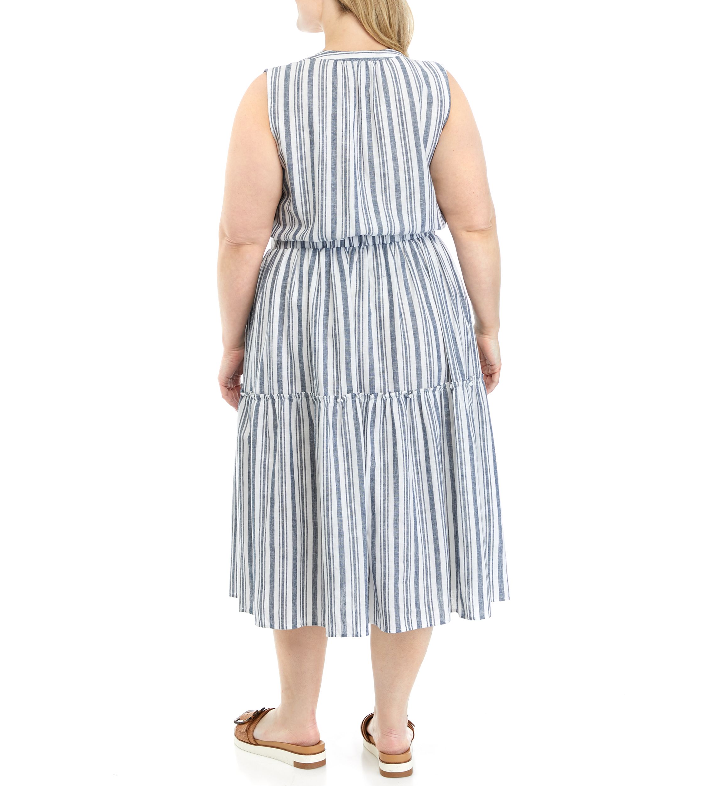 Plus Size Sleeveless Stripe Tie Waist Midi Dress