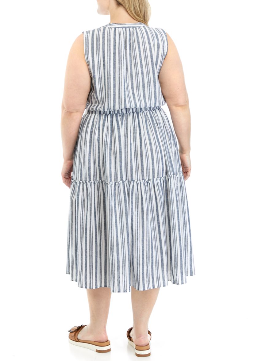 Plus Size Sleeveless Stripe Tie Waist Midi Dress