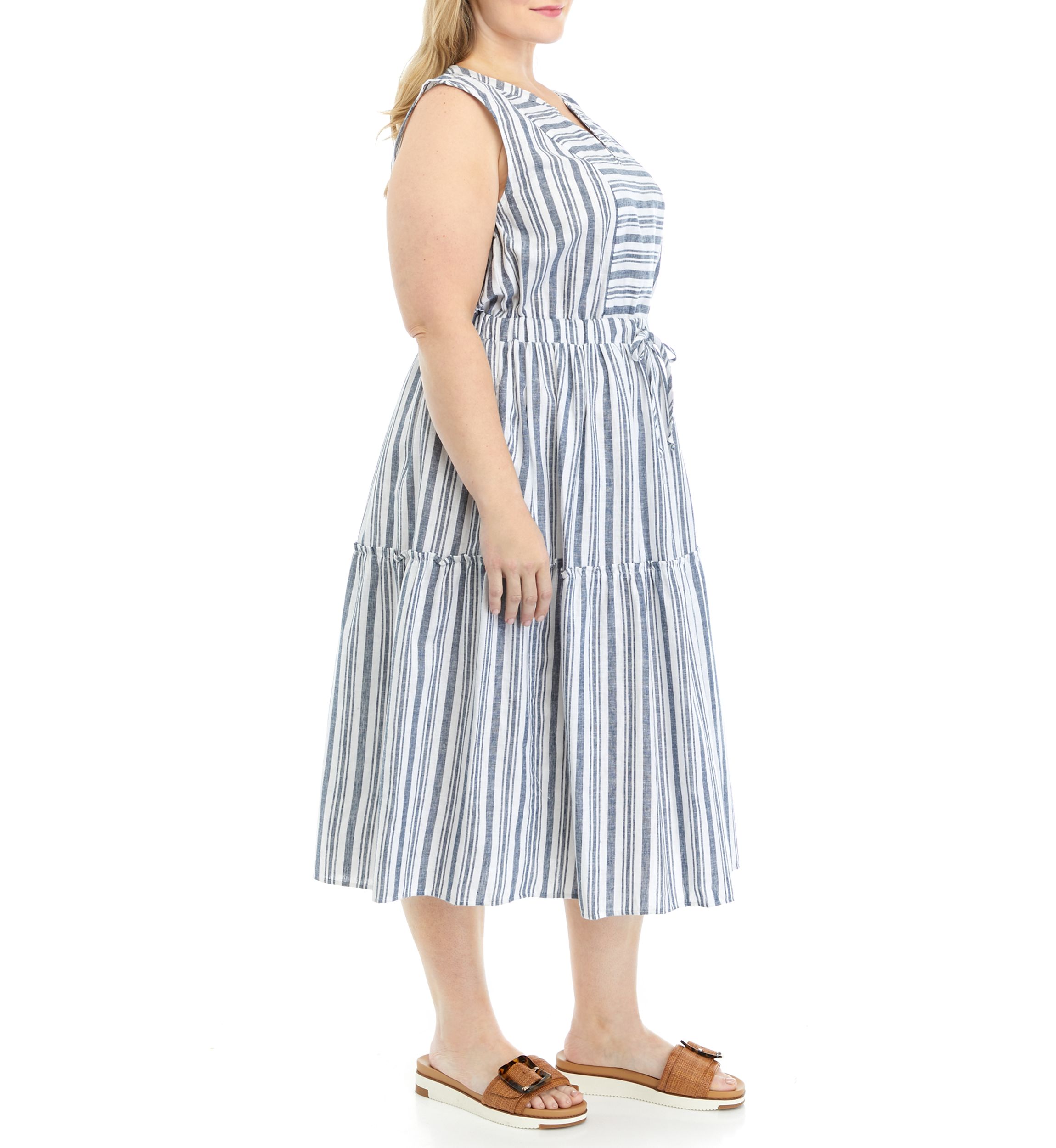 Plus Size Sleeveless Stripe Tie Waist Midi Dress
