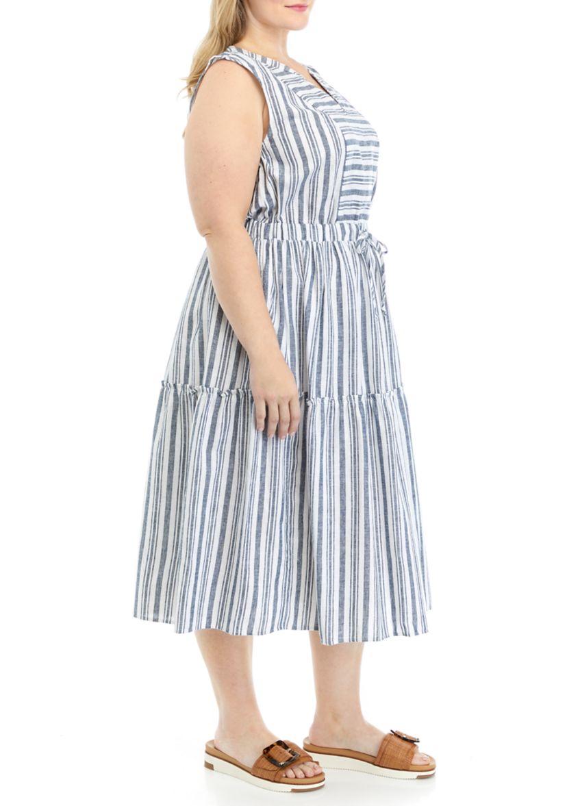 Plus Size Sleeveless Stripe Tie Waist Midi Dress