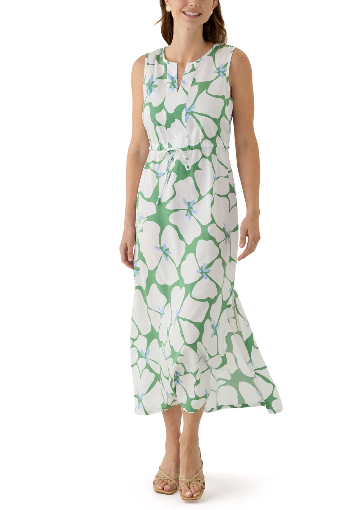 Womens Sleeveless Split Neck Printed Maxi Dress