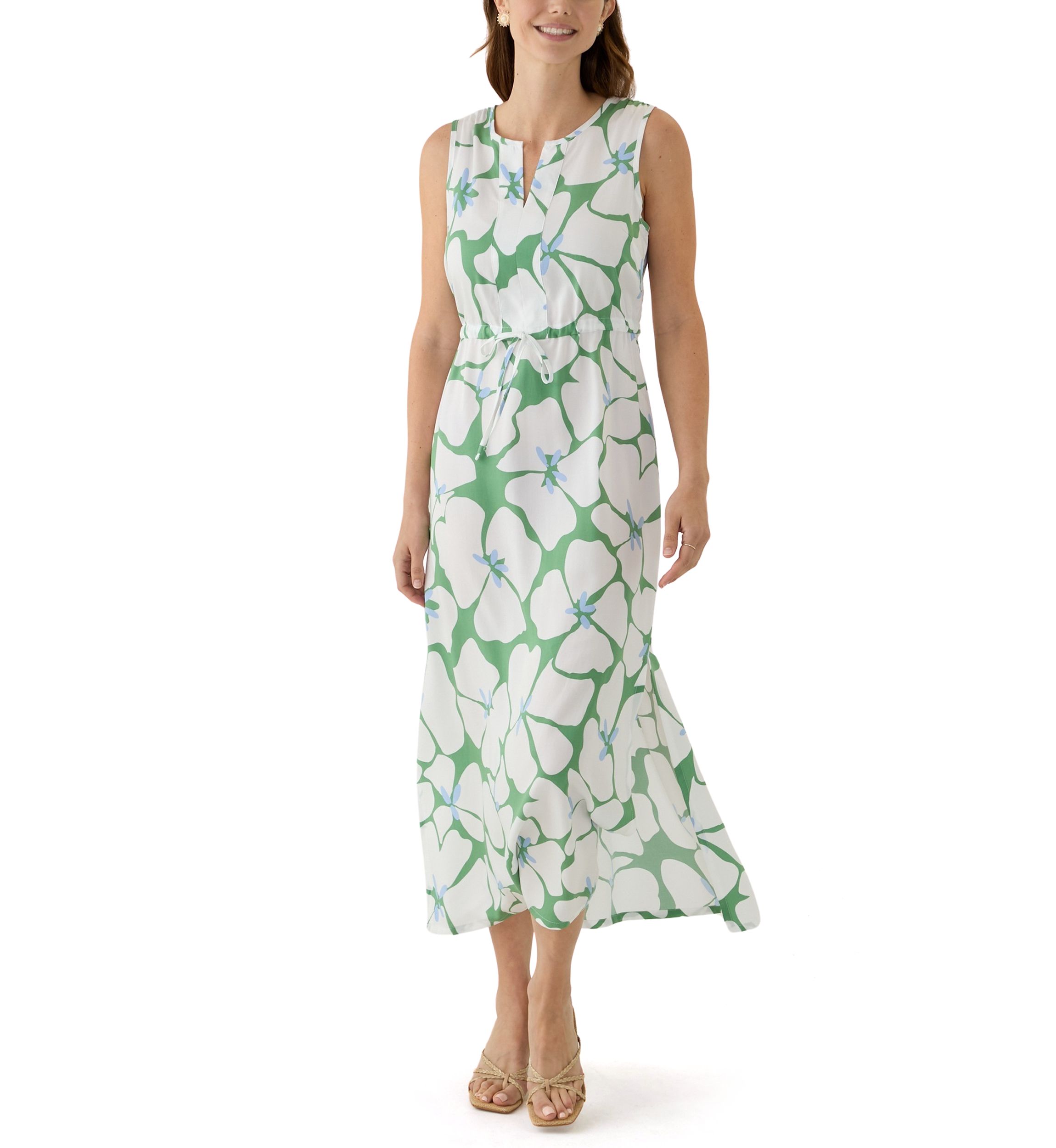 Womens Sleeveless Split Neck Printed Maxi Dress