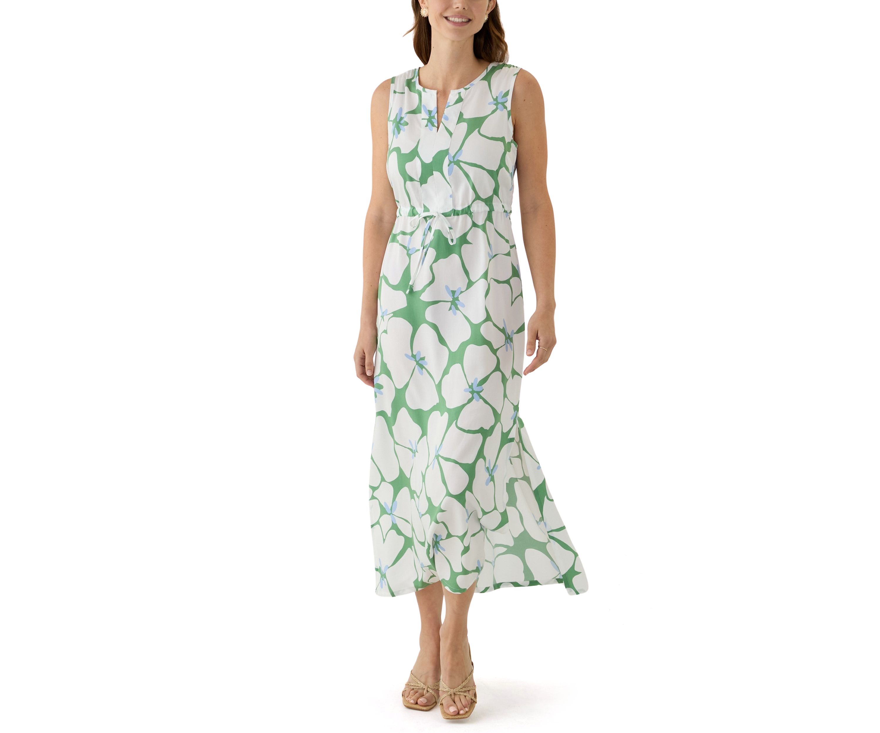 Womens Sleeveless Split Neck Printed Maxi Dress