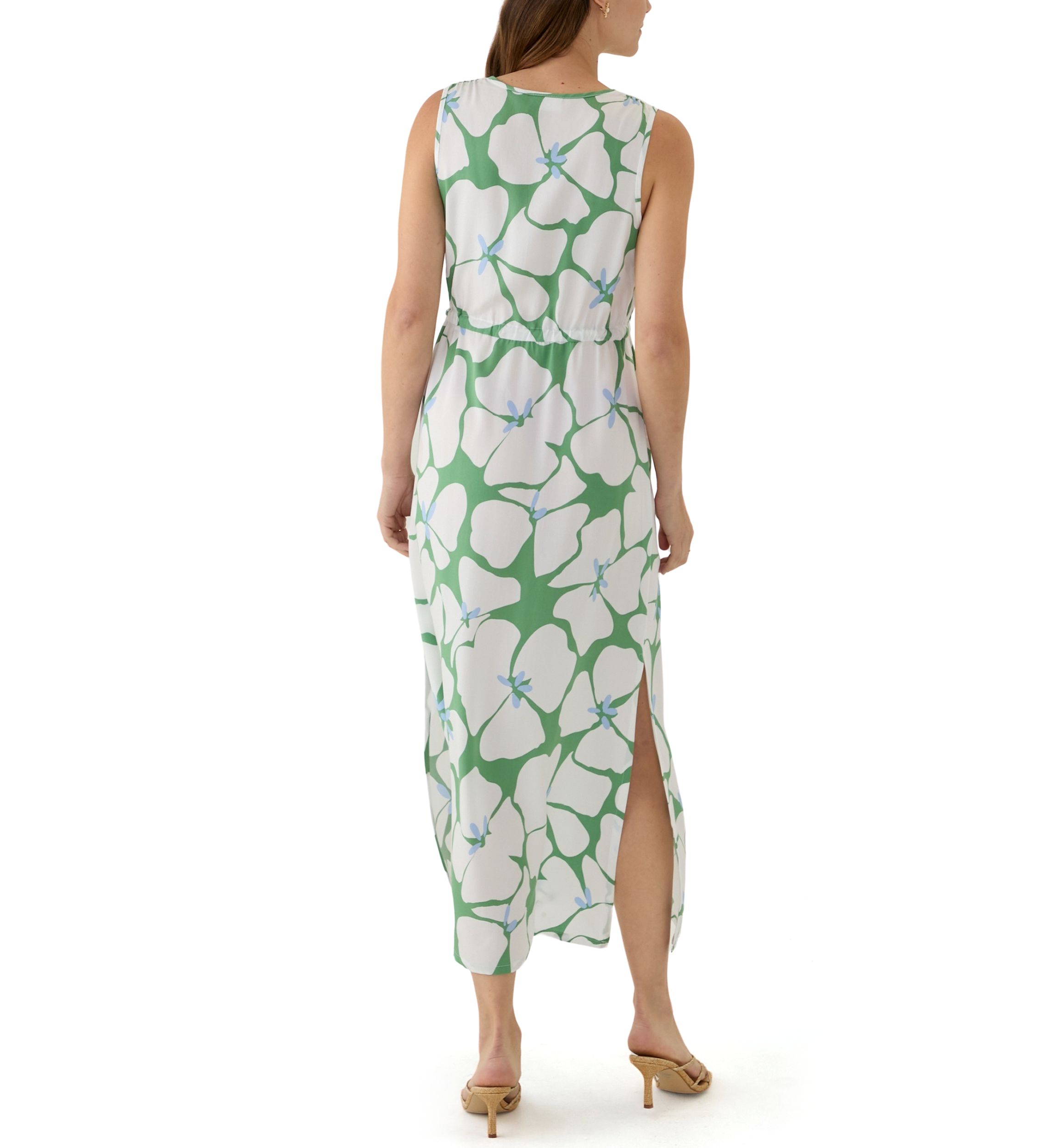 Womens Sleeveless Split Neck Printed Maxi Dress