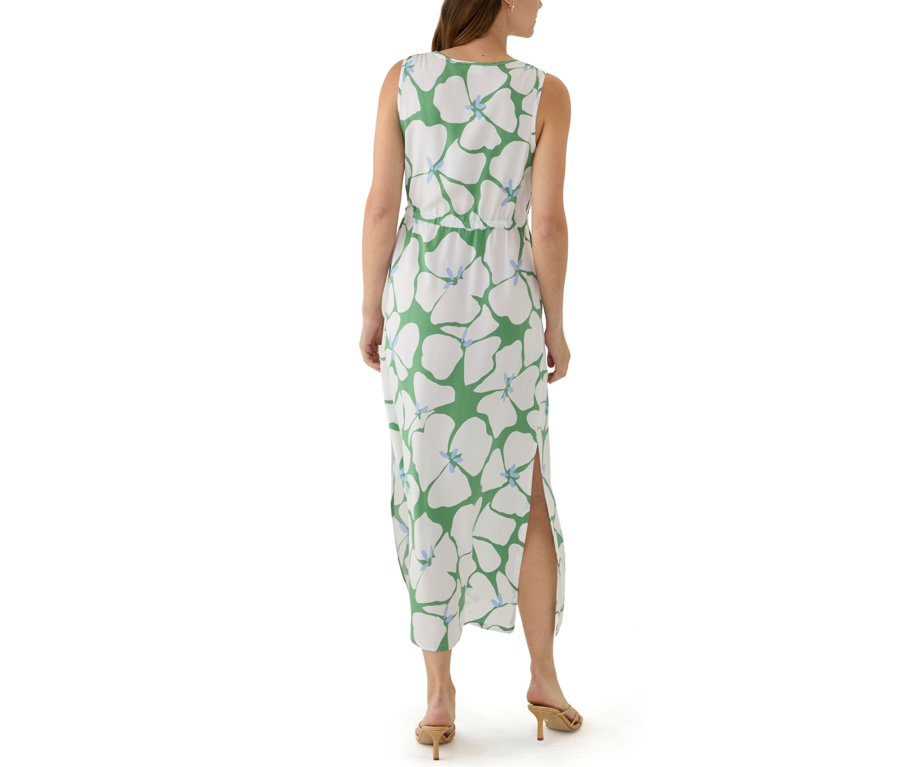 Womens Sleeveless Split Neck Printed Maxi Dress