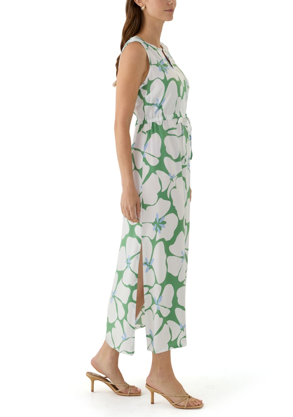 Womens Sleeveless Split Neck Printed Maxi Dress