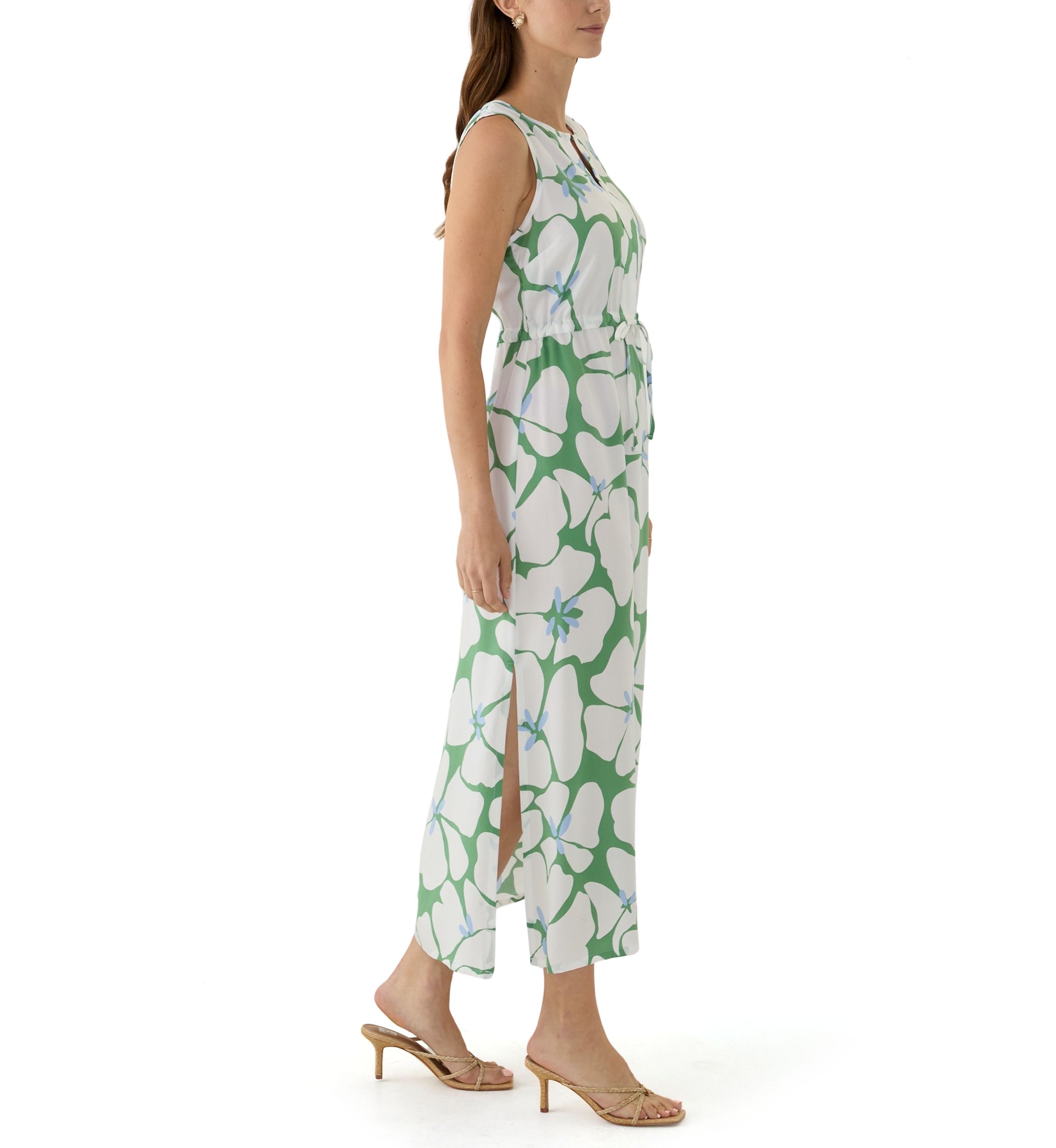 Womens Sleeveless Split Neck Printed Maxi Dress