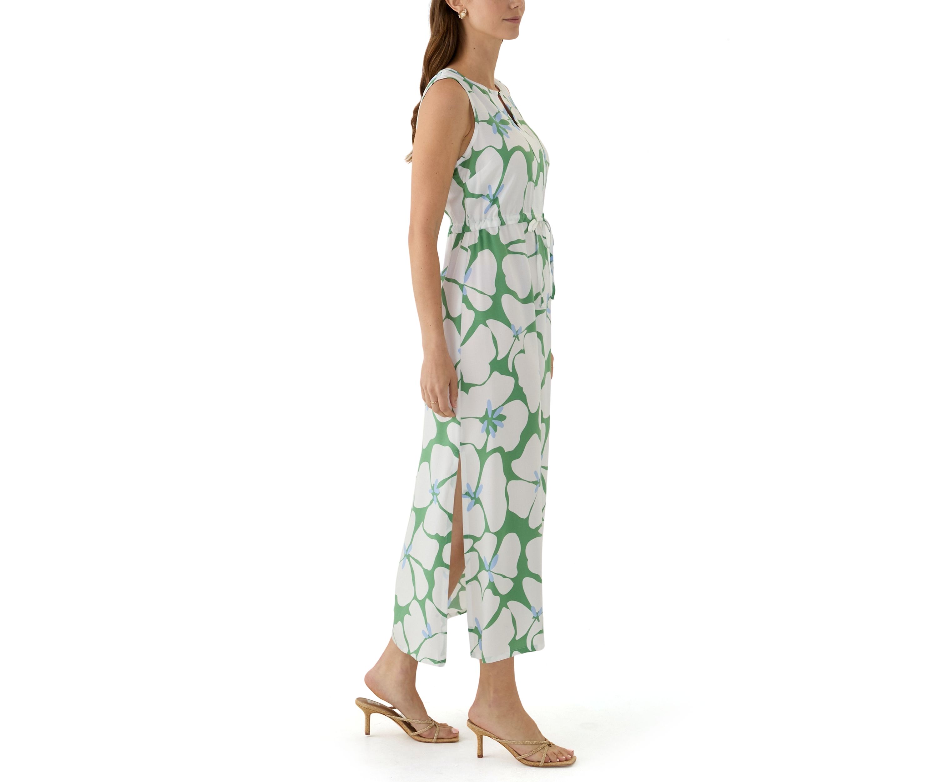 Womens Sleeveless Split Neck Printed Maxi Dress