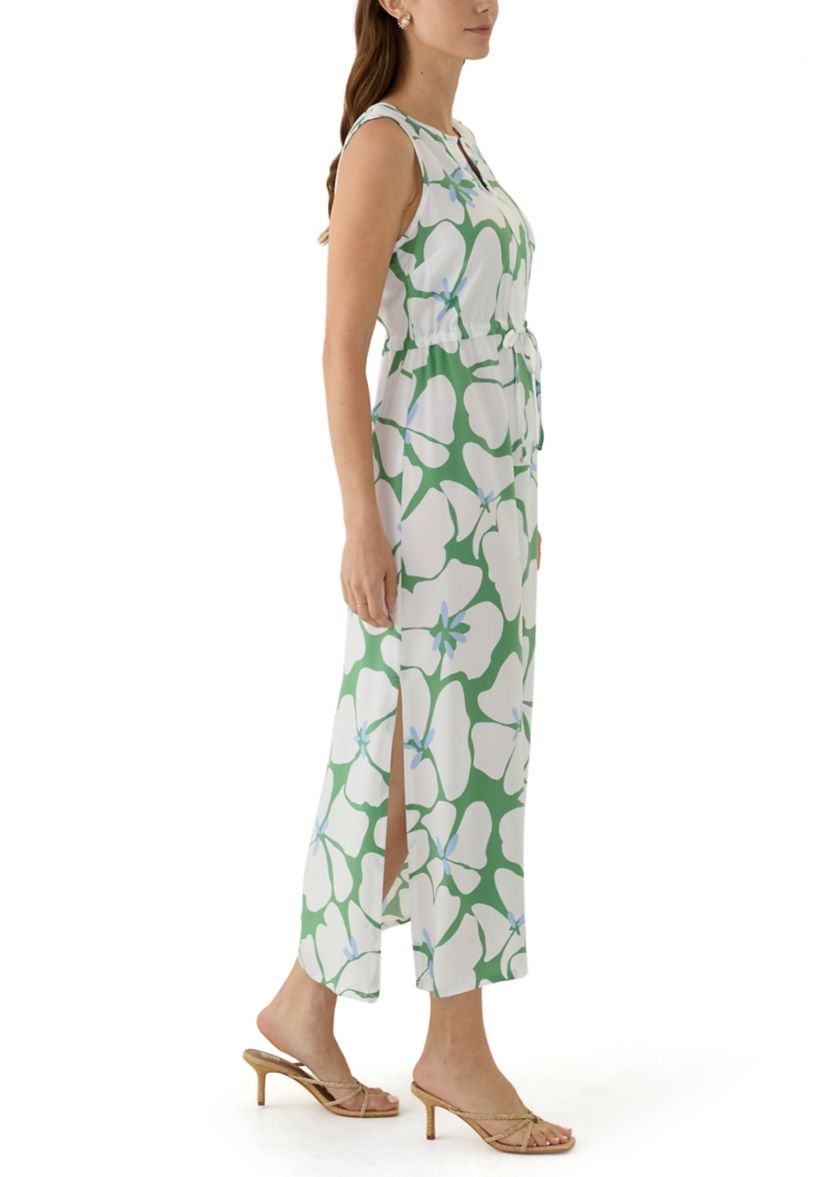 Womens Sleeveless Split Neck Printed Maxi Dress