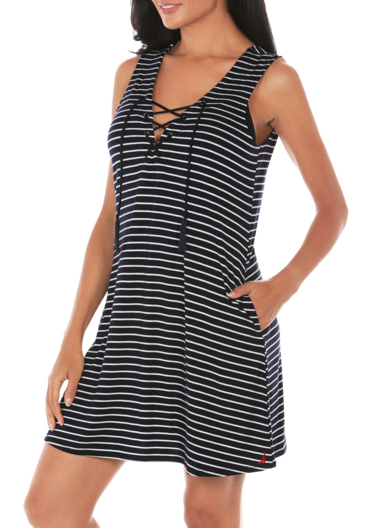 Womens Lace-Up V-Neck Striped Swim Cover Up 