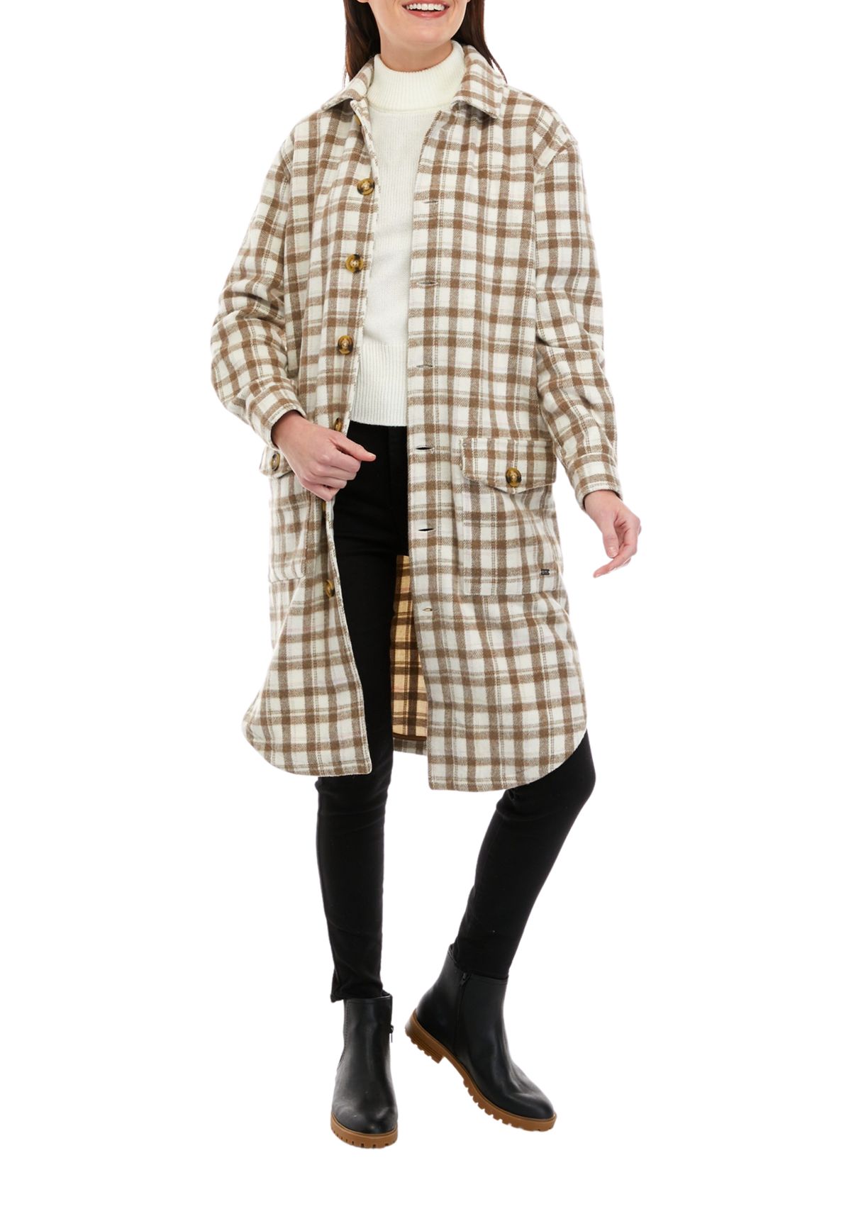 Womens Long Woven Plaid Shacket 
