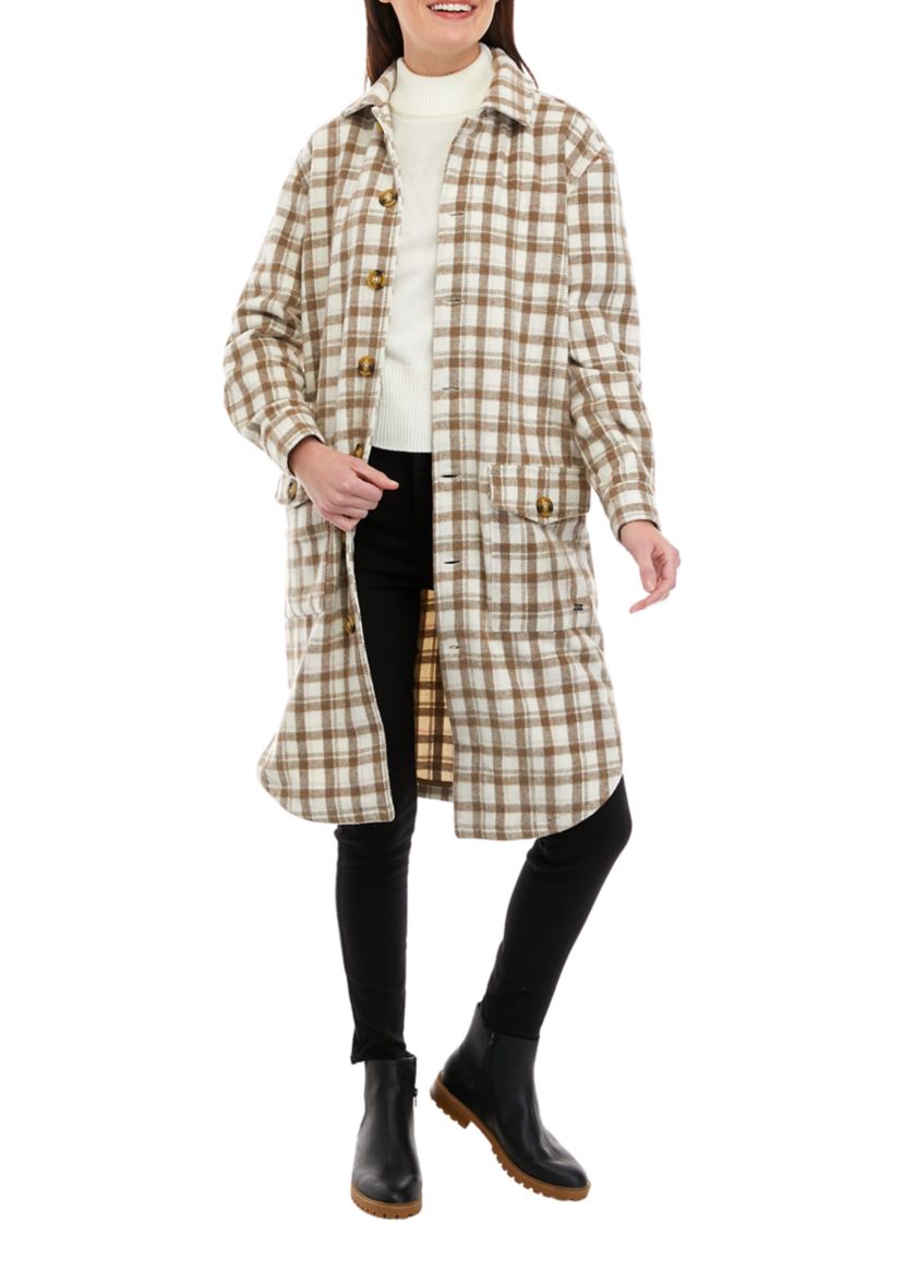 Womens Long Woven Plaid Shacket 