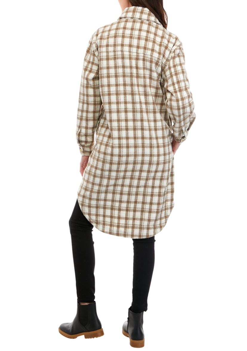 Womens Long Woven Plaid Shacket 