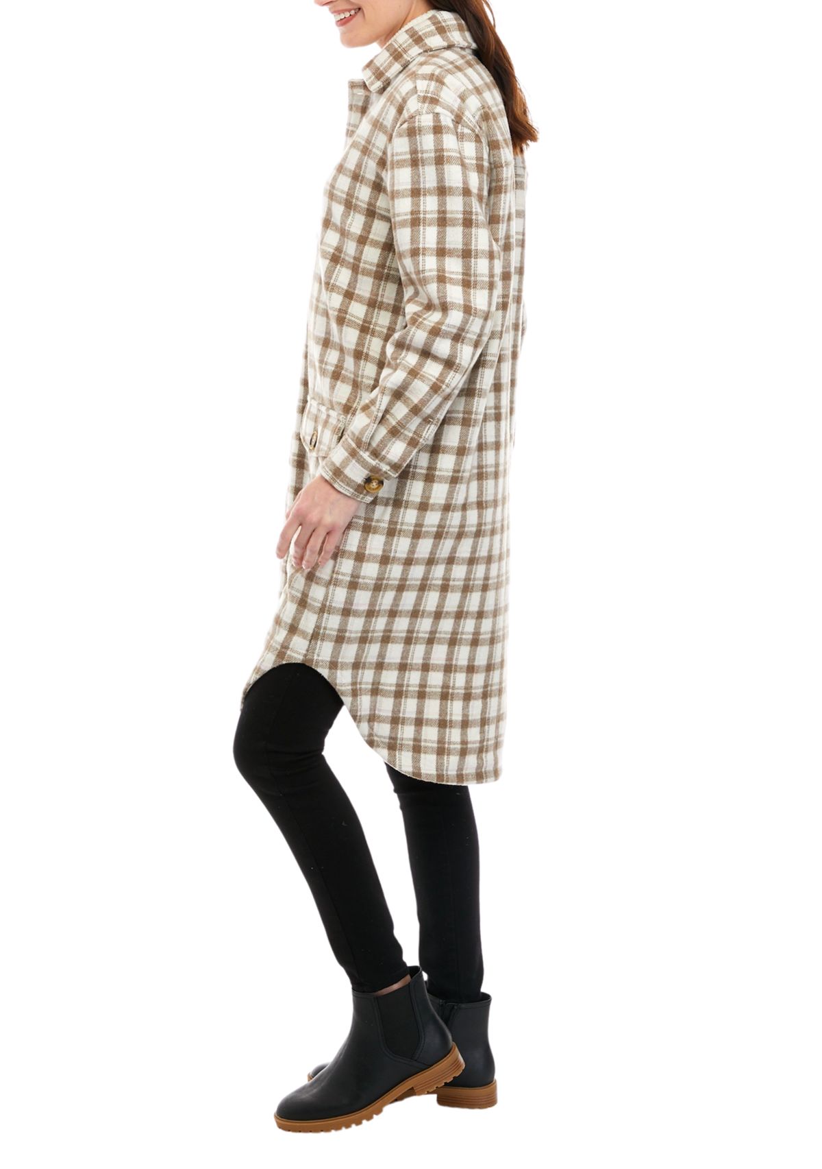 Womens Long Woven Plaid Shacket 