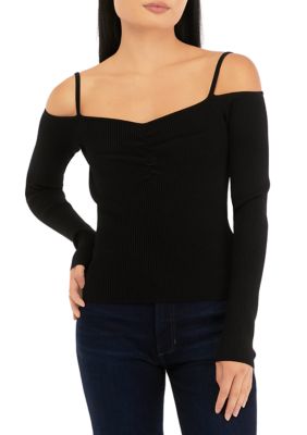 7 For All Mankind Women's Off the Shoulder Long Sleeve Top, Black, Medium