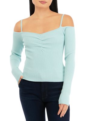 7 For All Mankind Women's Off the Shoulder Long Sleeve Top, Blue, Large