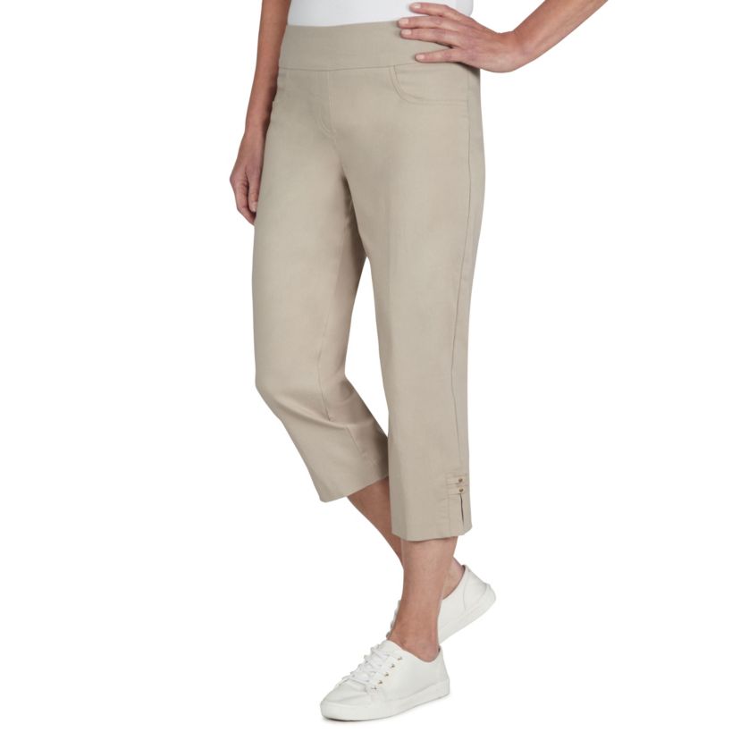 Solid Pull-On Capri Pants with Detailed Split Hem