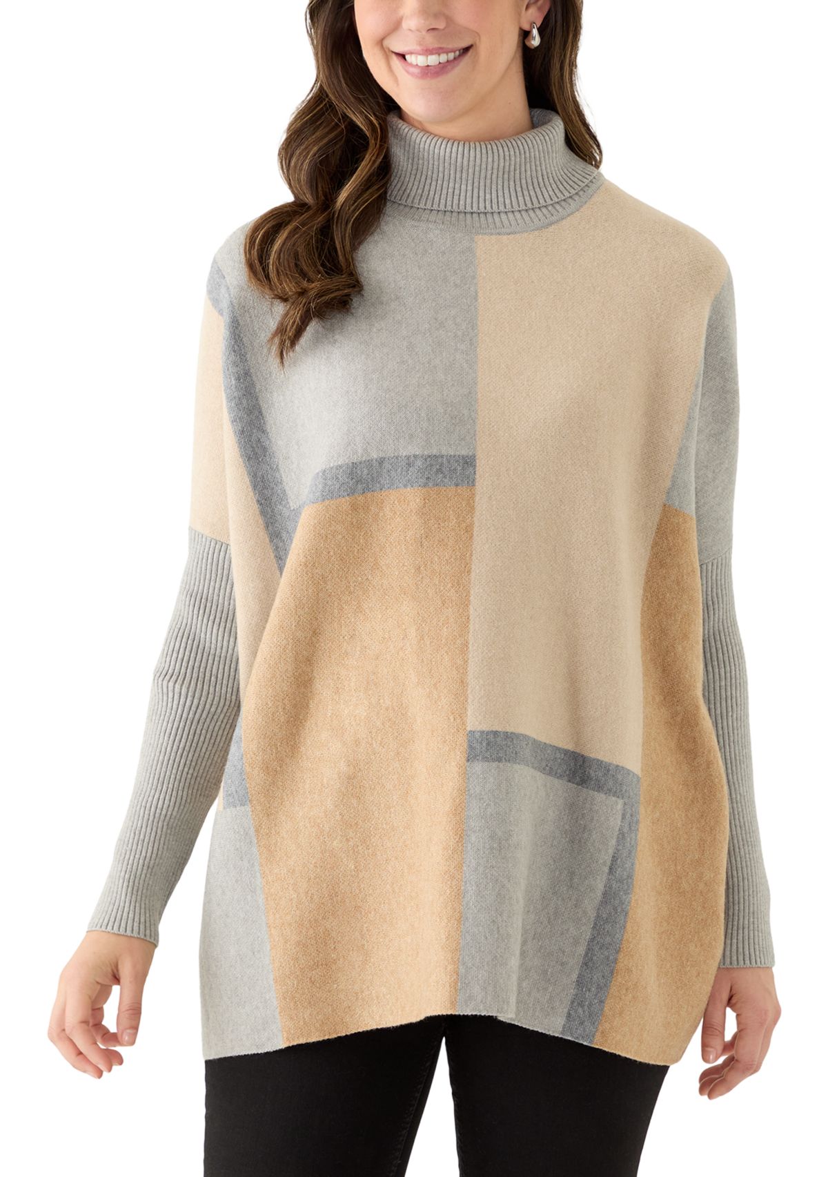 Womens Long Sleeve Printed Poncho Turtleneck Sweater