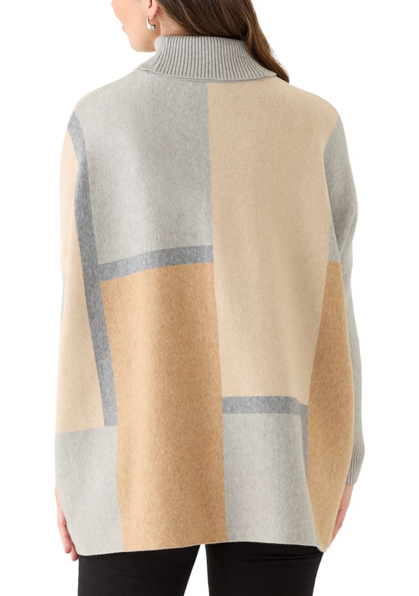 Womens Long Sleeve Printed Poncho Turtleneck Sweater