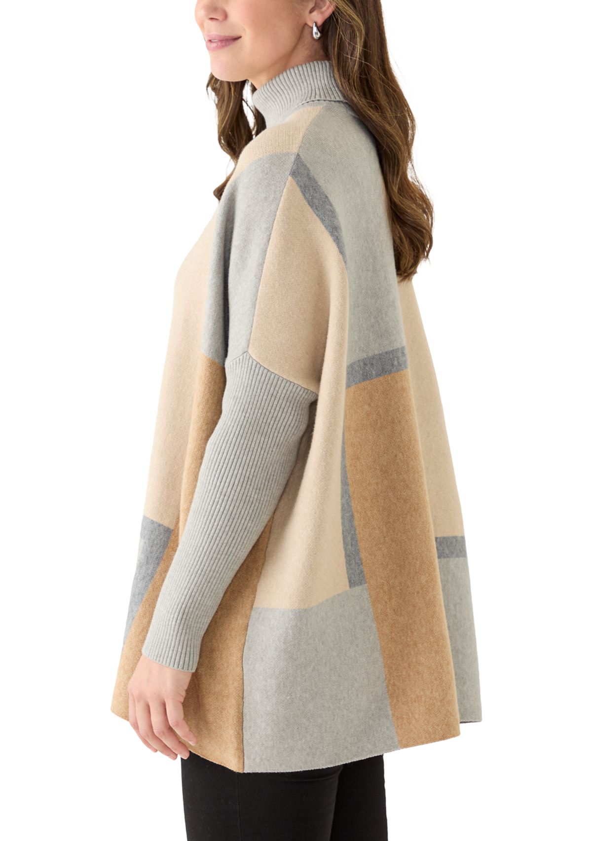 Womens Long Sleeve Printed Poncho Turtleneck Sweater