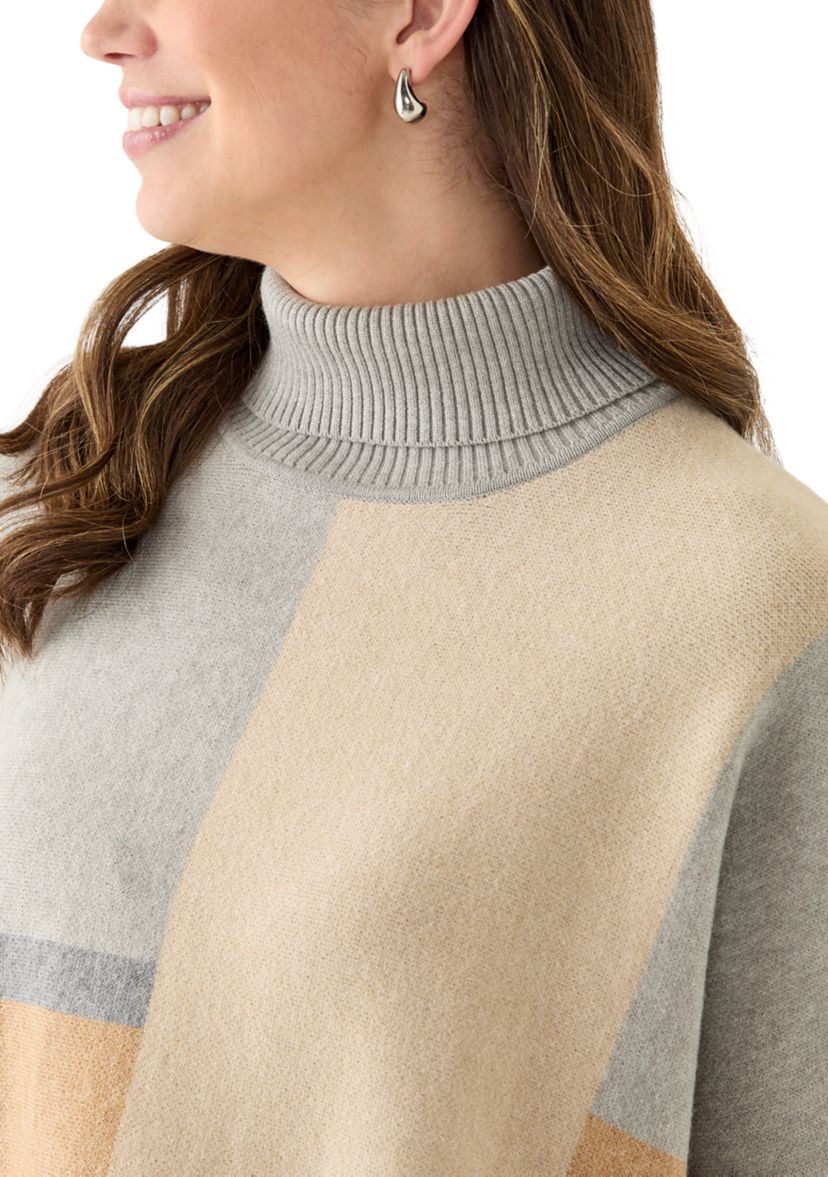 Womens Long Sleeve Printed Poncho Turtleneck Sweater