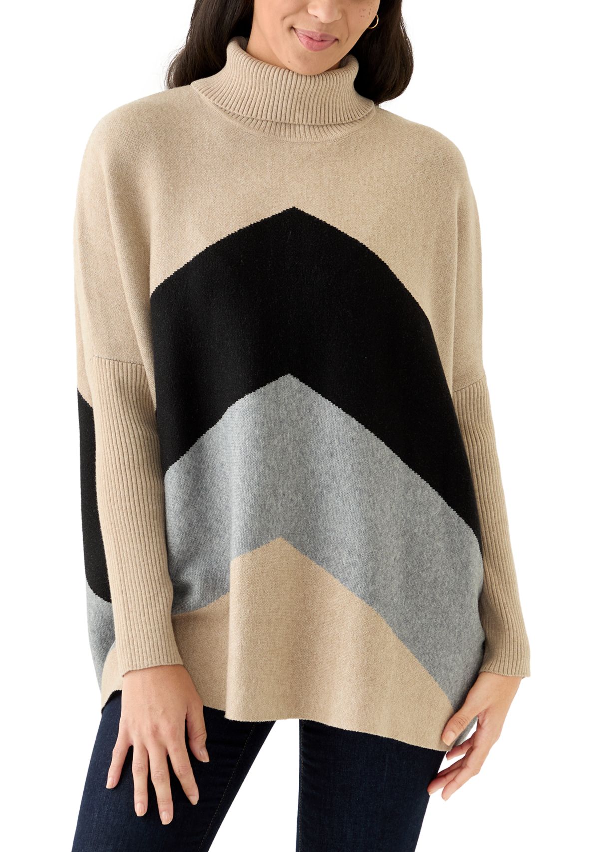 Womens Long Sleeve Printed Poncho Turtleneck