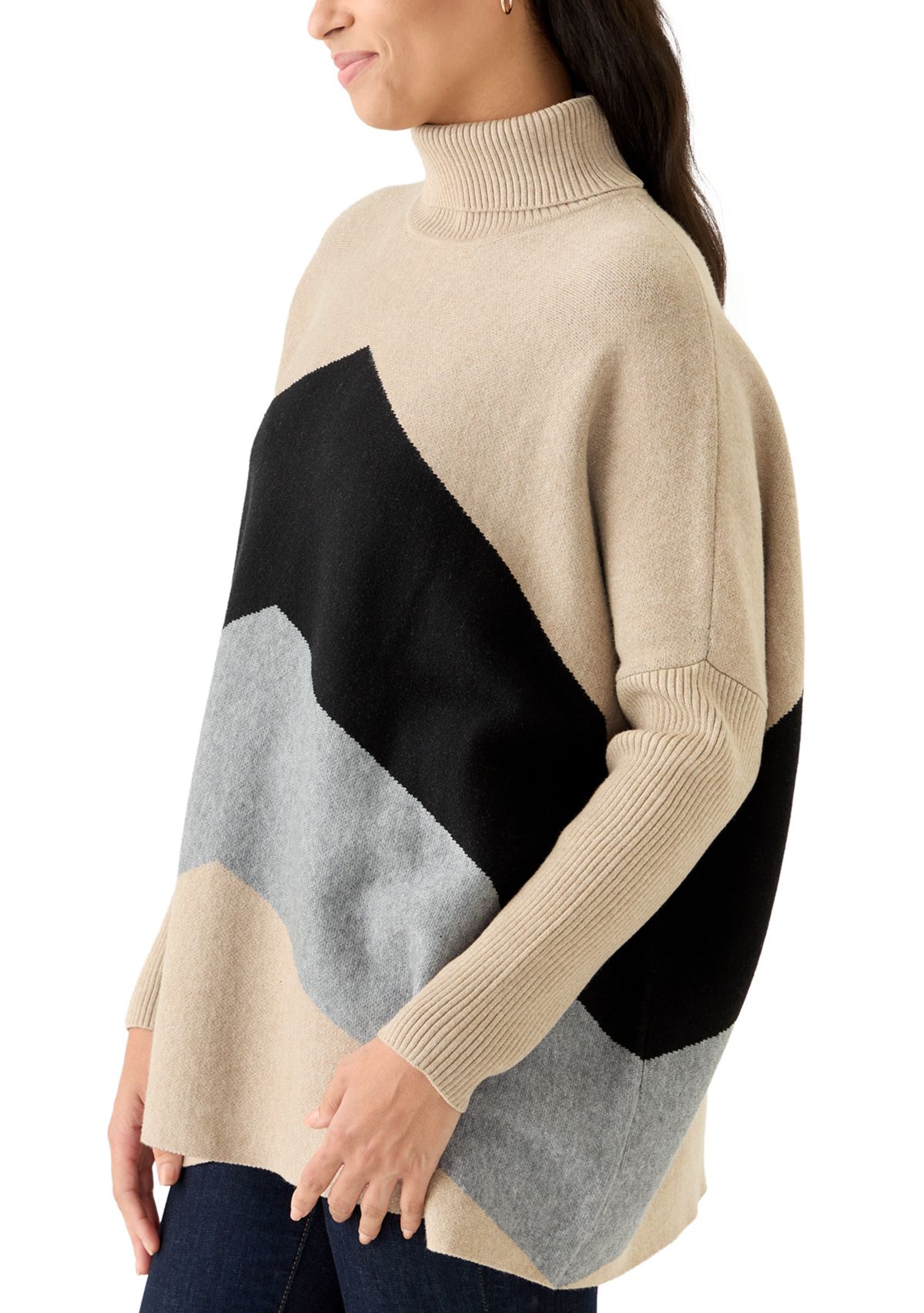 Womens Long Sleeve Printed Poncho Turtleneck