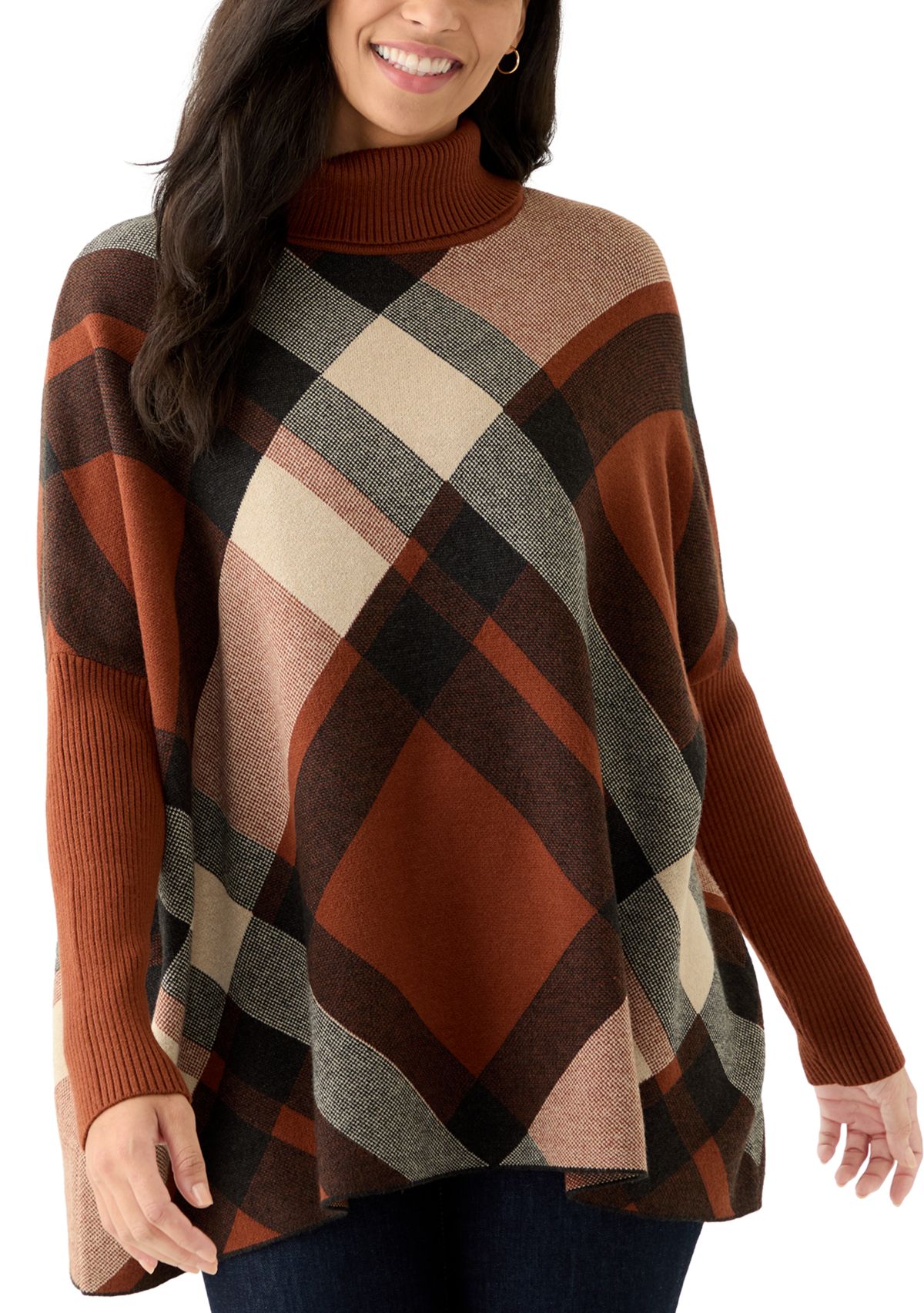 Womens Long Sleeve Printed Turtleneck Poncho
