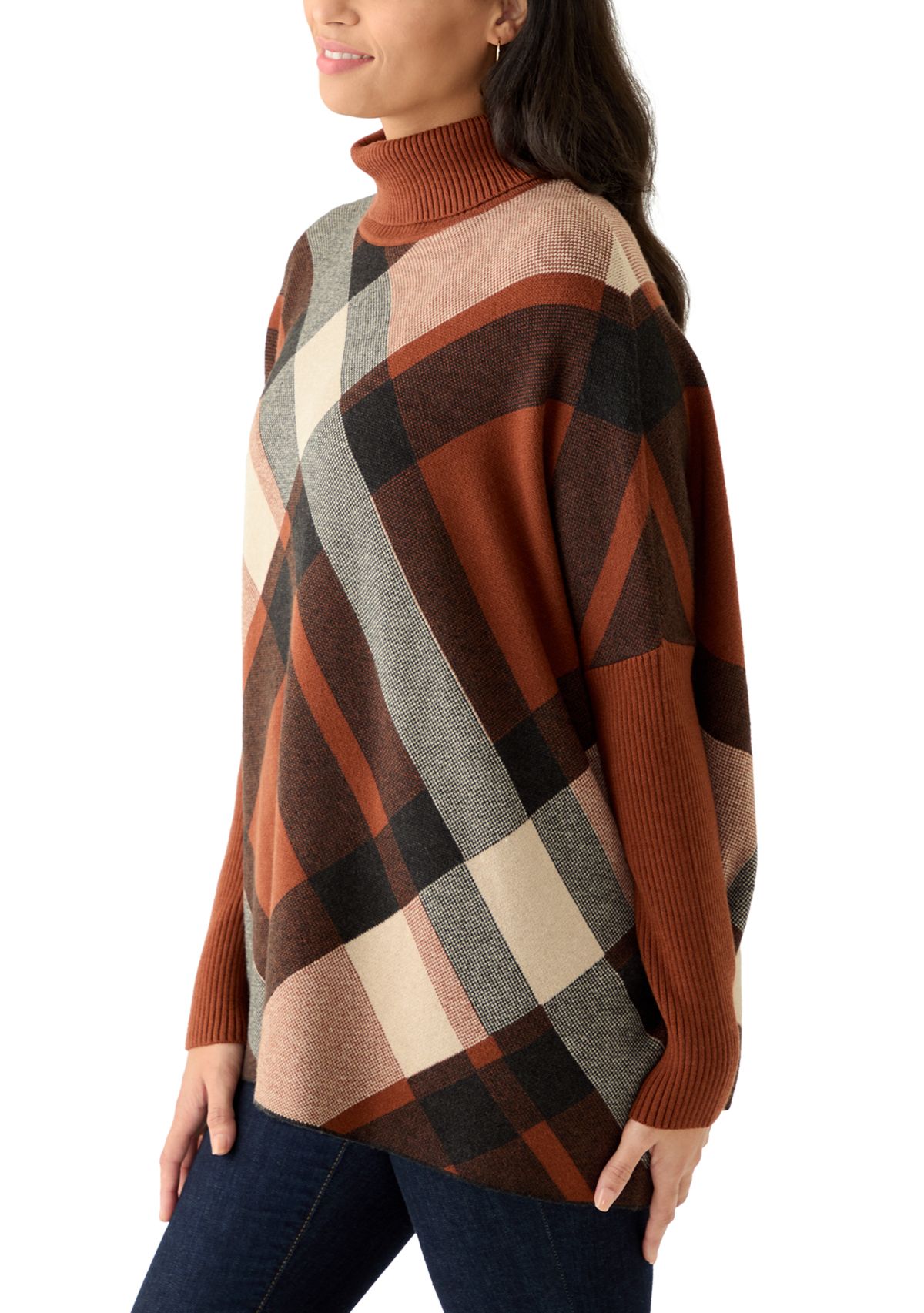 Womens Long Sleeve Printed Turtleneck Poncho