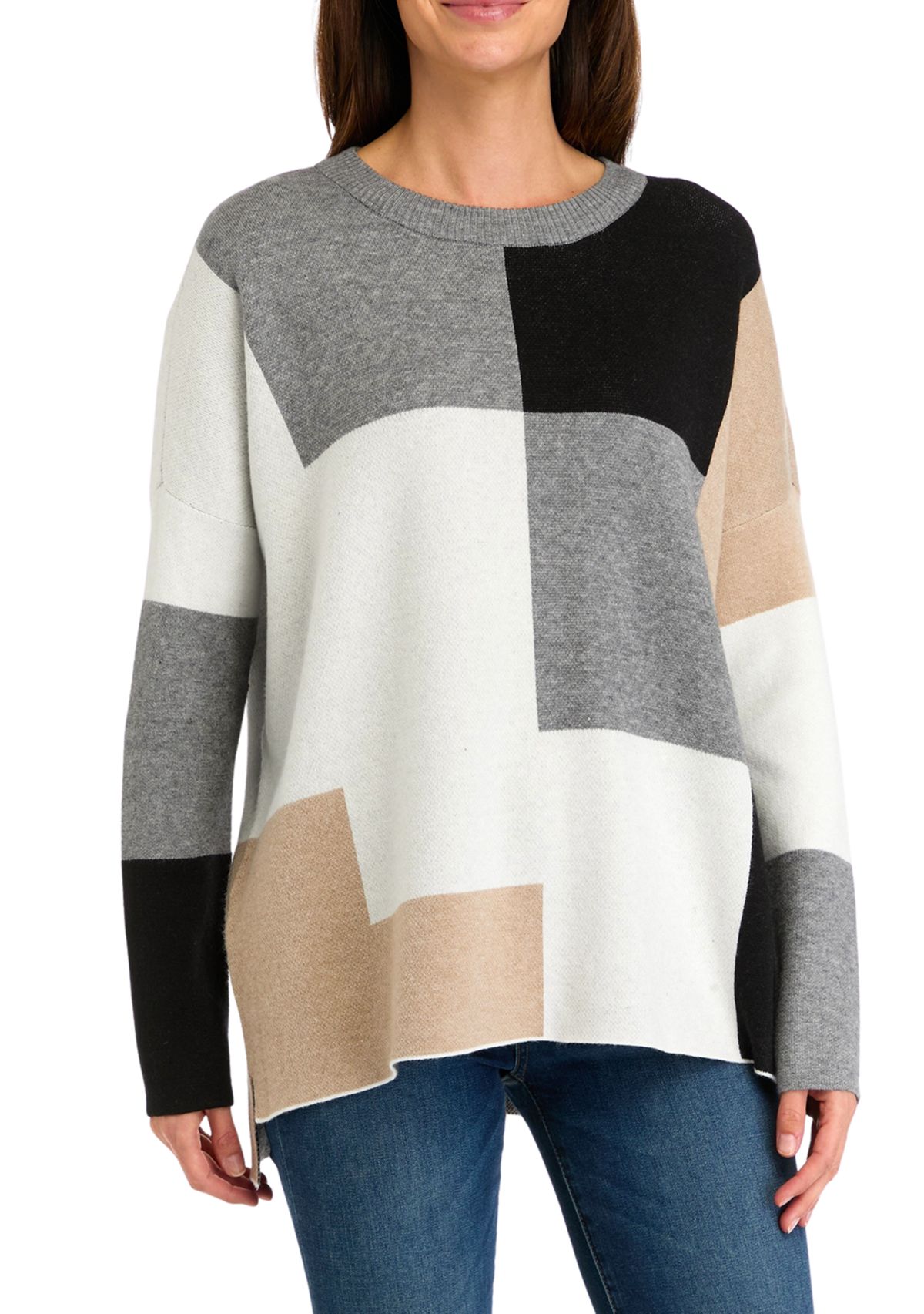 Womens Color Block Crew Neck Sweater