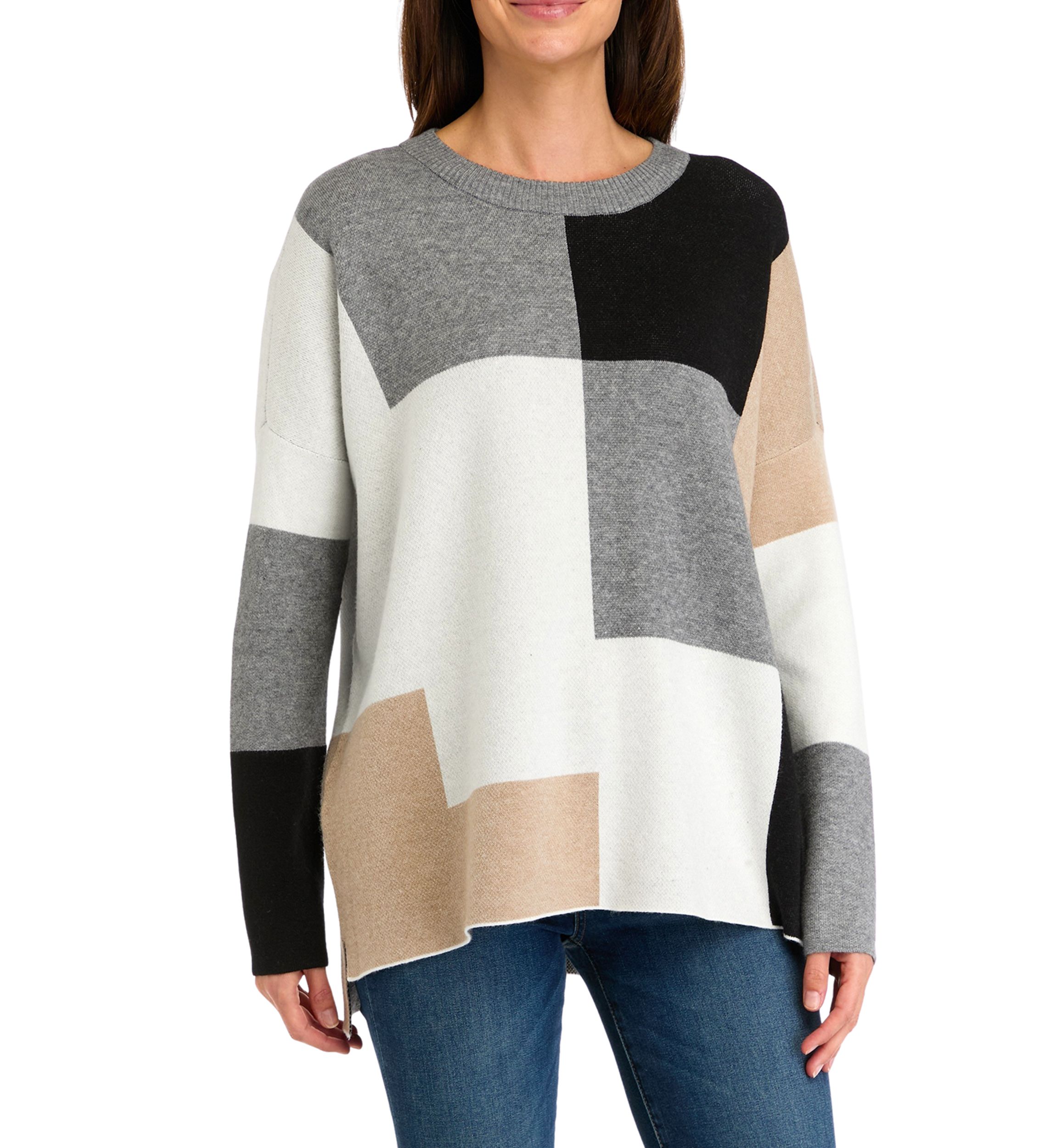 Womens Color Block Crew Neck Sweater