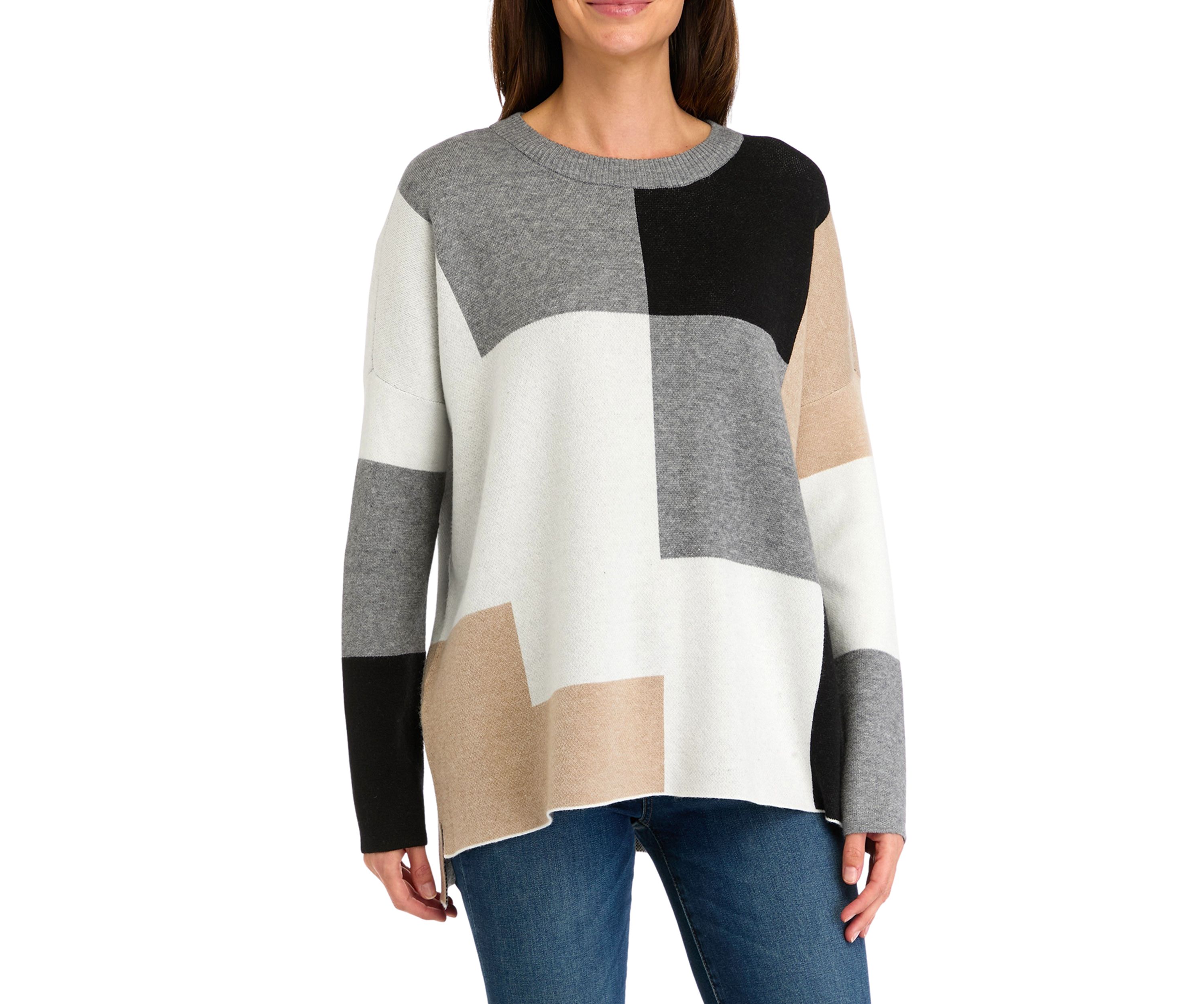 Womens Color Block Crew Neck Sweater