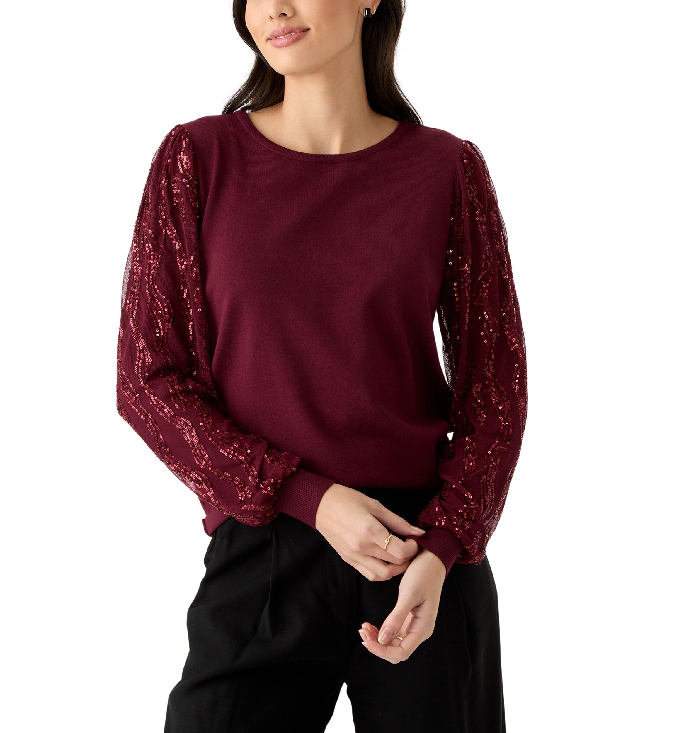 Womens Mixed Media Crew Neck Sweater 