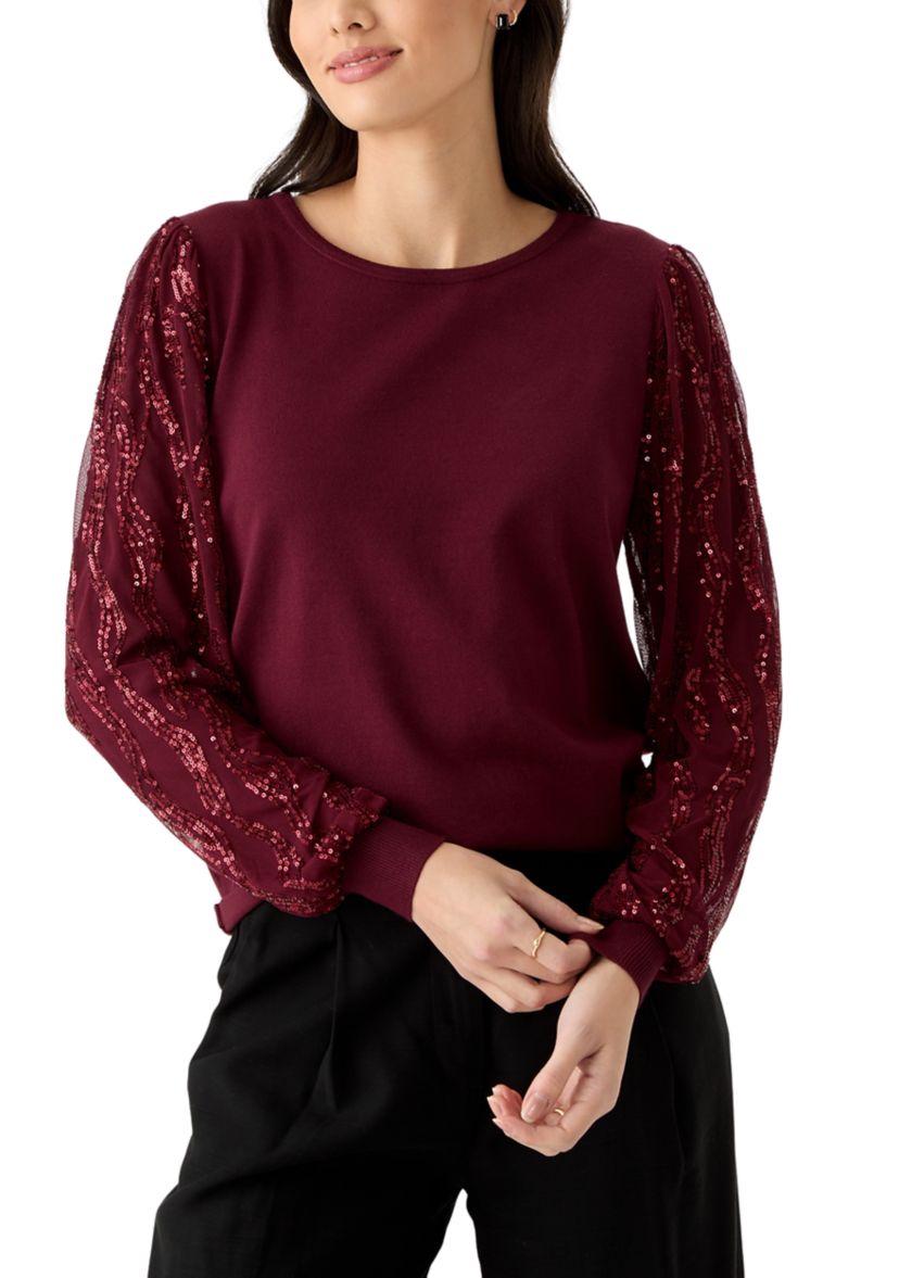Womens Mixed Media Crew Neck Sweater 