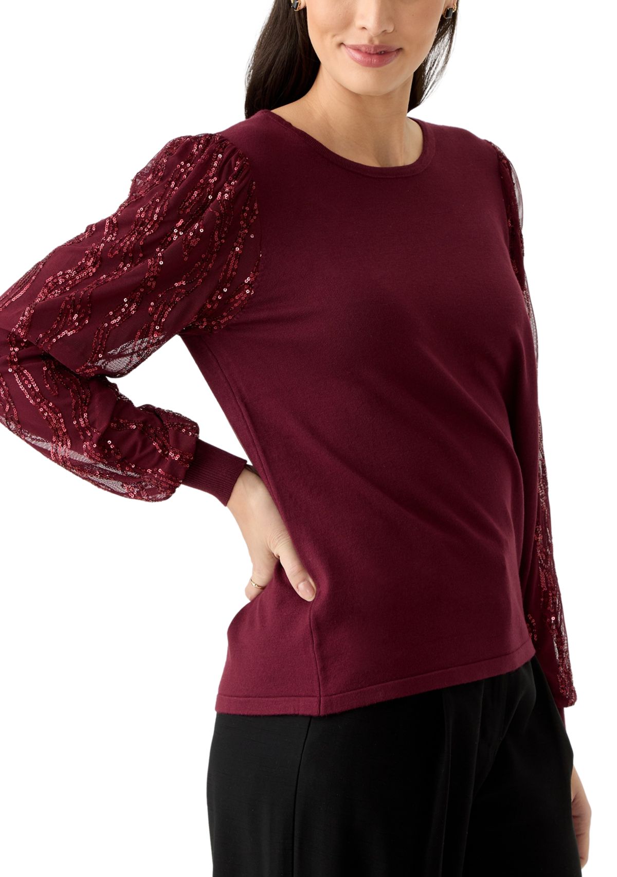 Womens Mixed Media Crew Neck Sweater 