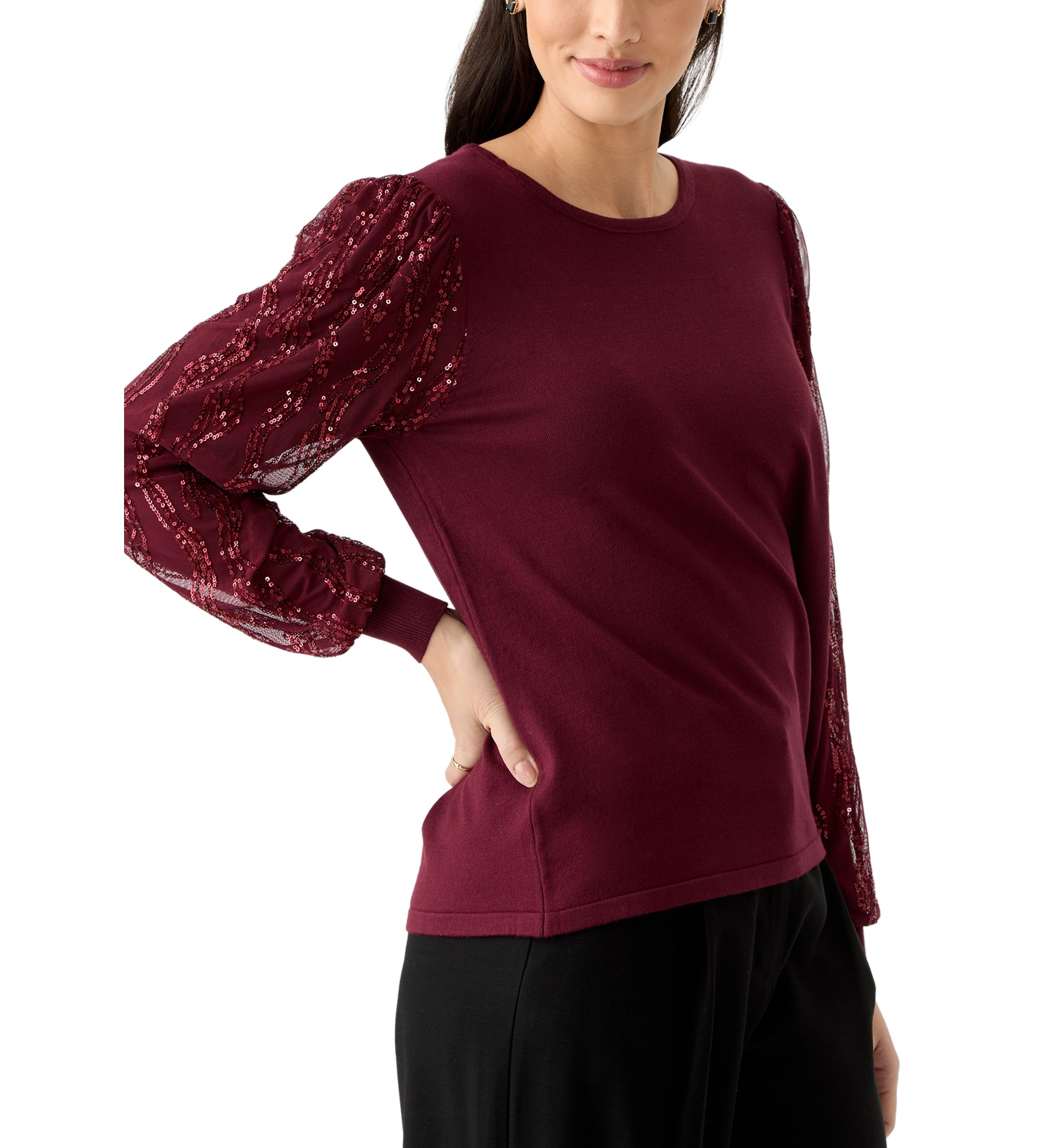 Womens Mixed Media Crew Neck Sweater 