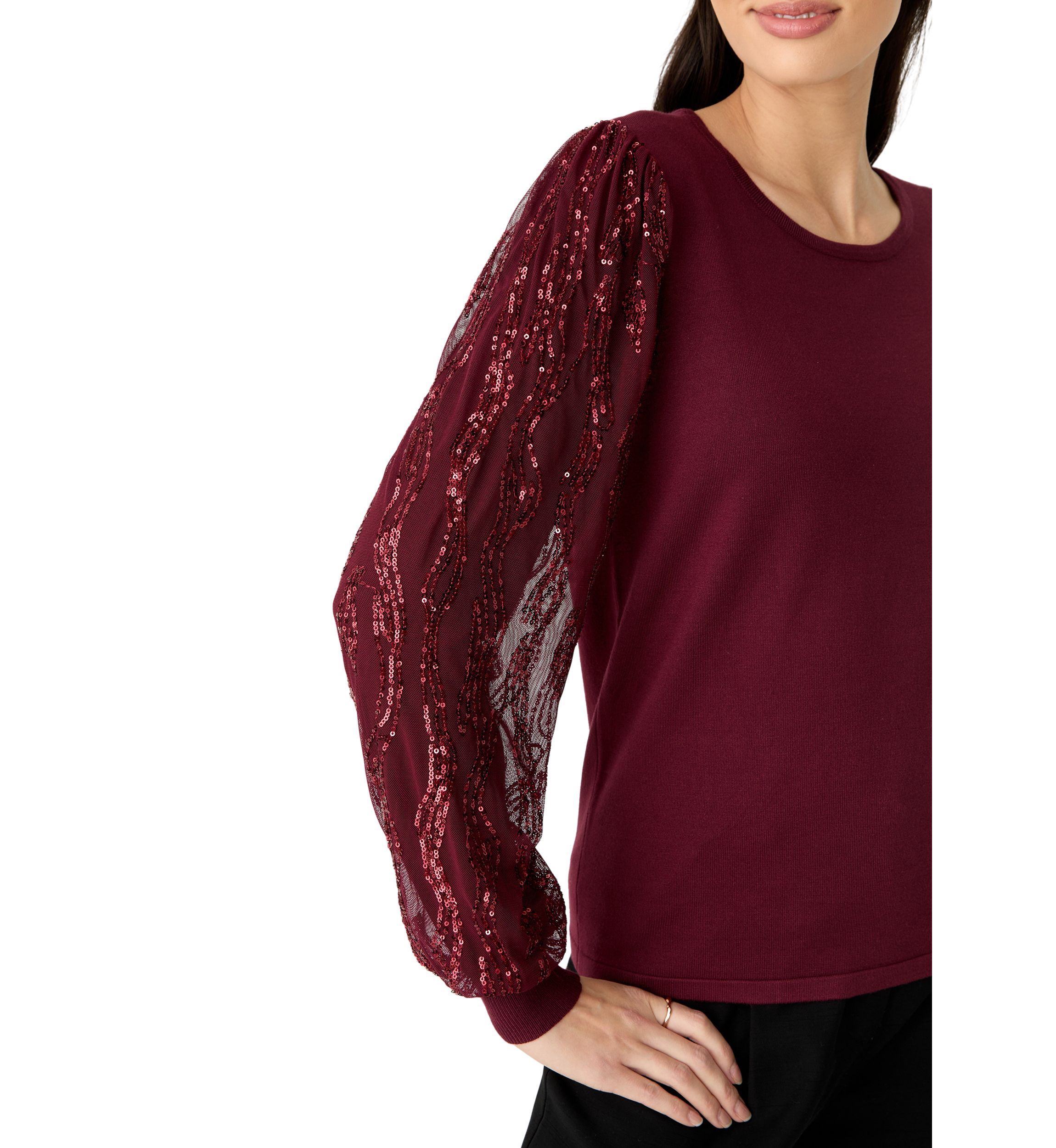 Womens Mixed Media Crew Neck Sweater 
