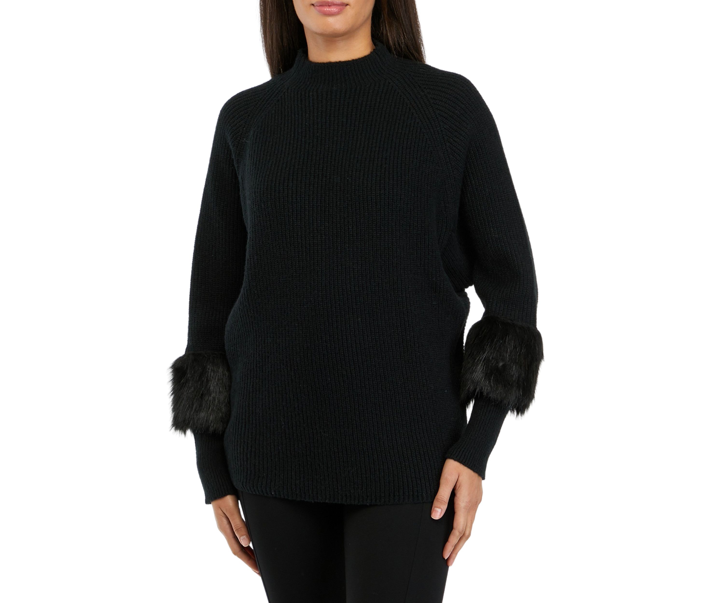 Womens Turtleneck Sweater with Fur Sleeves