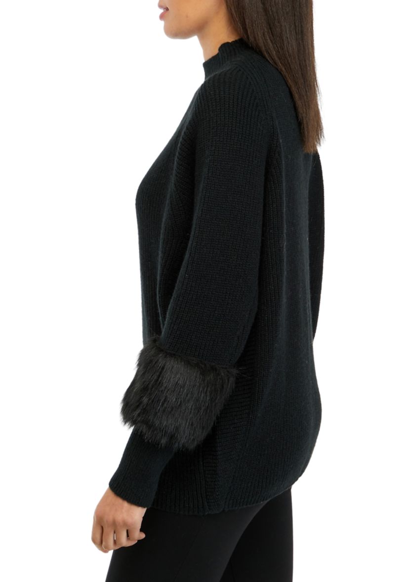 Womens Turtleneck Sweater with Fur Sleeves