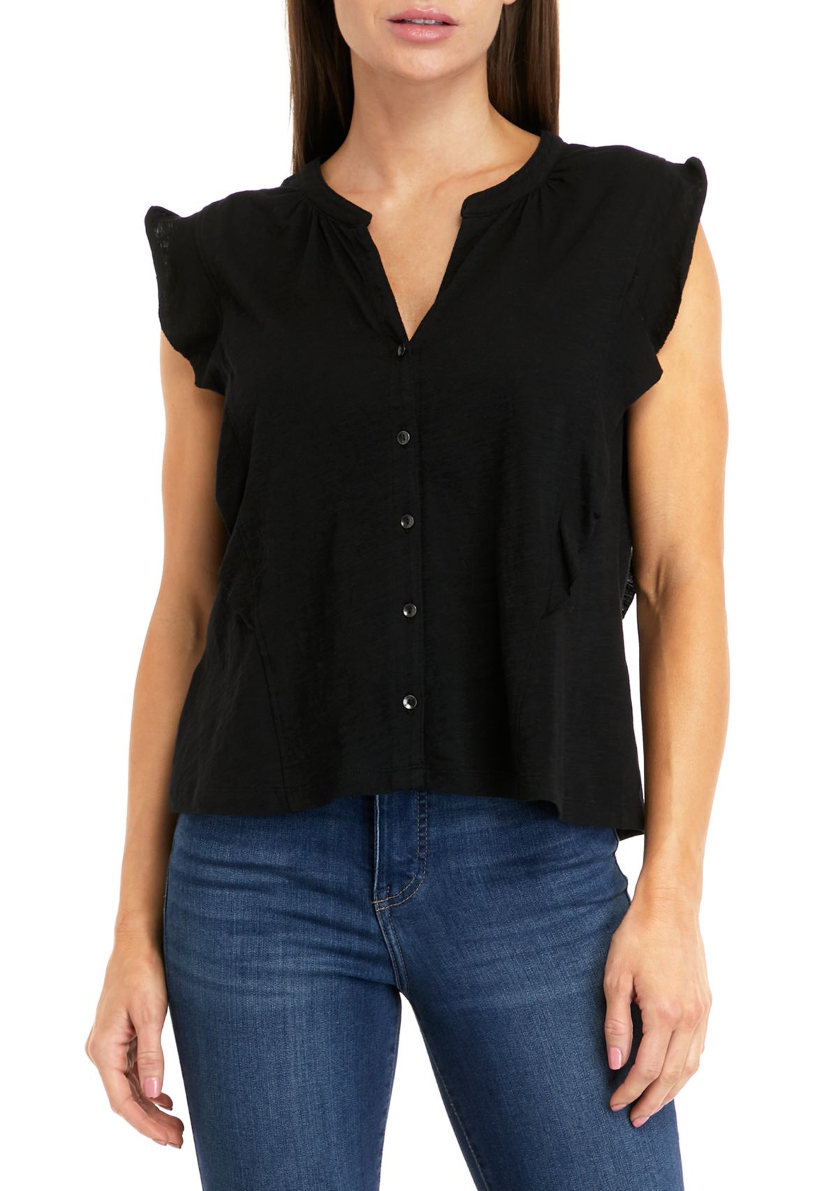 Womens Ruffle Button Down Top