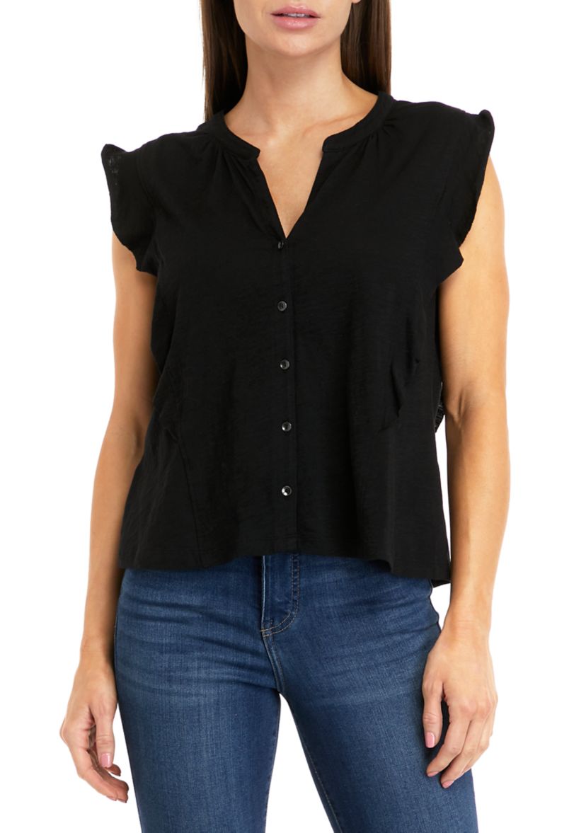 Womens Ruffle Button Down Top