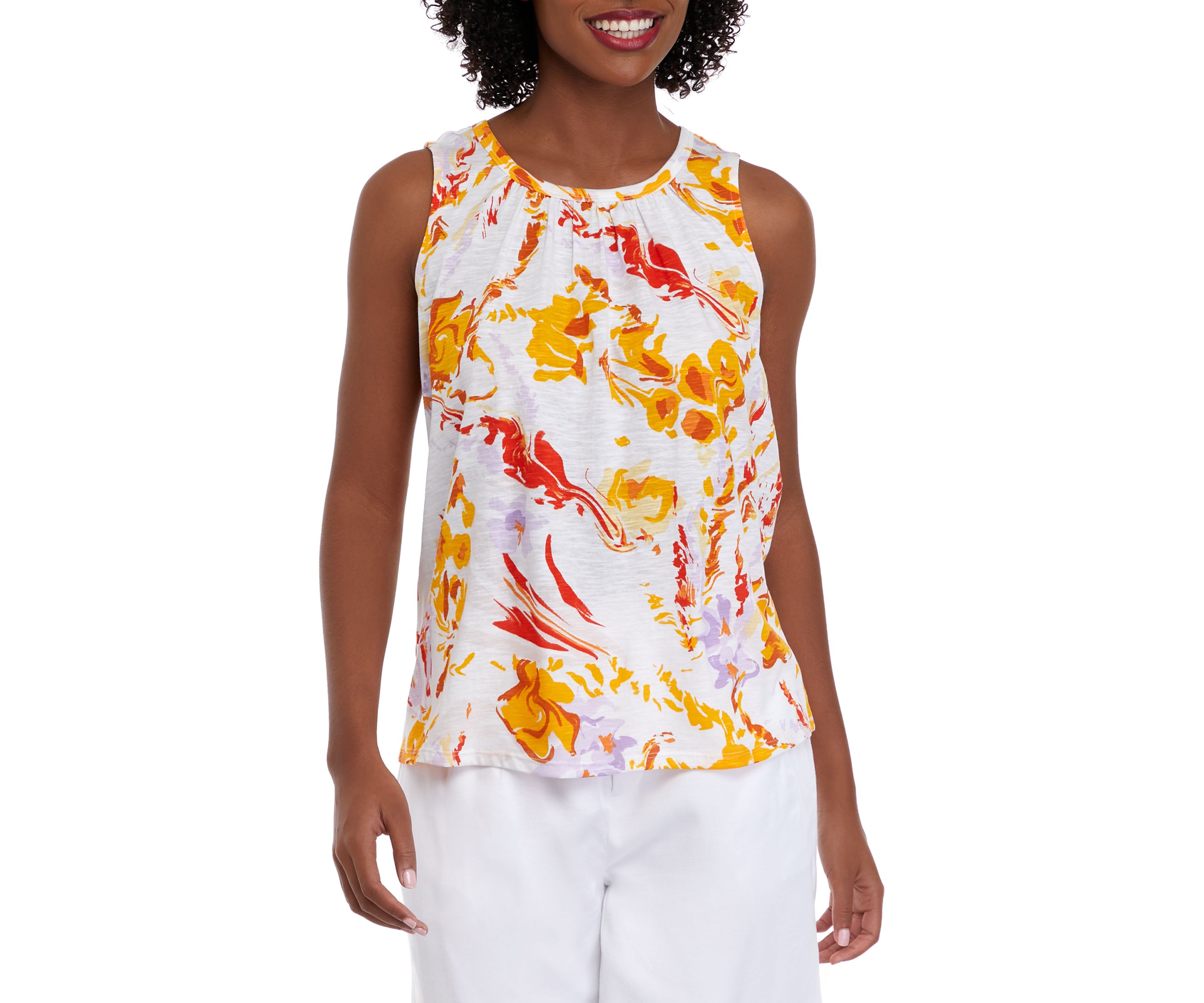 Womens Sleeveless Shirred Printed Tank Top