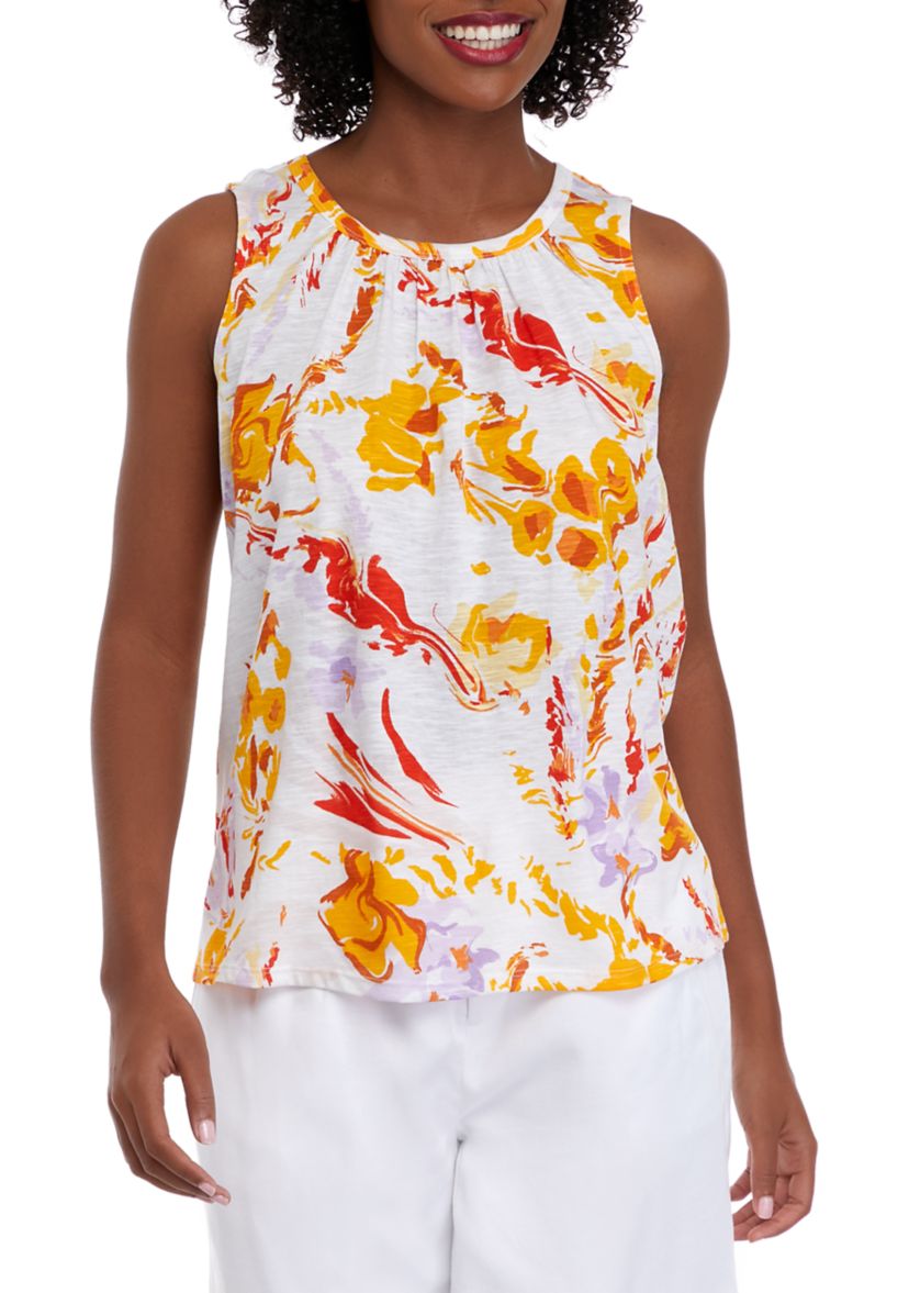 Womens Sleeveless Shirred Printed Tank Top