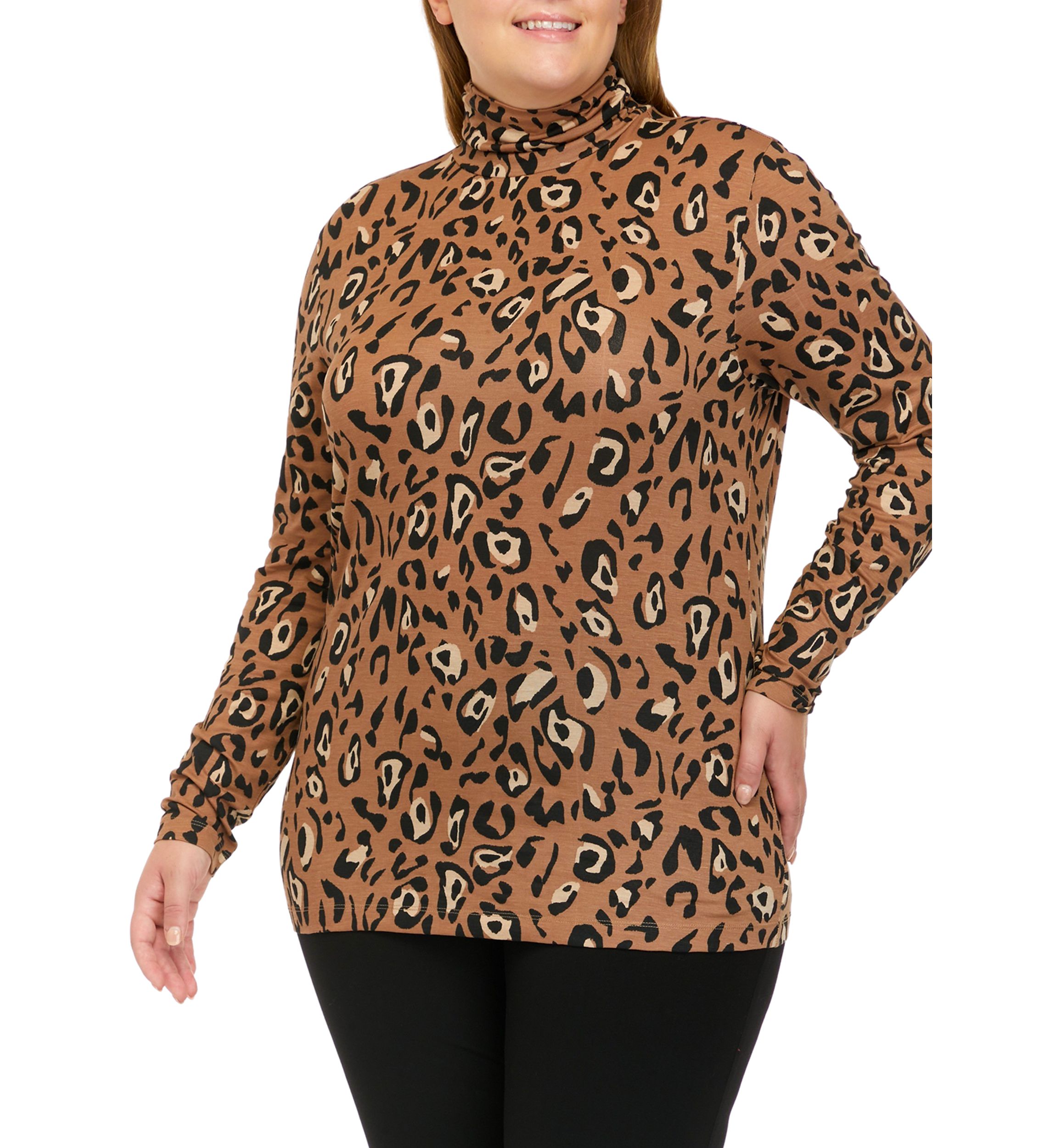 Plus Size Long Sleeve Ribbed Mock Print Top