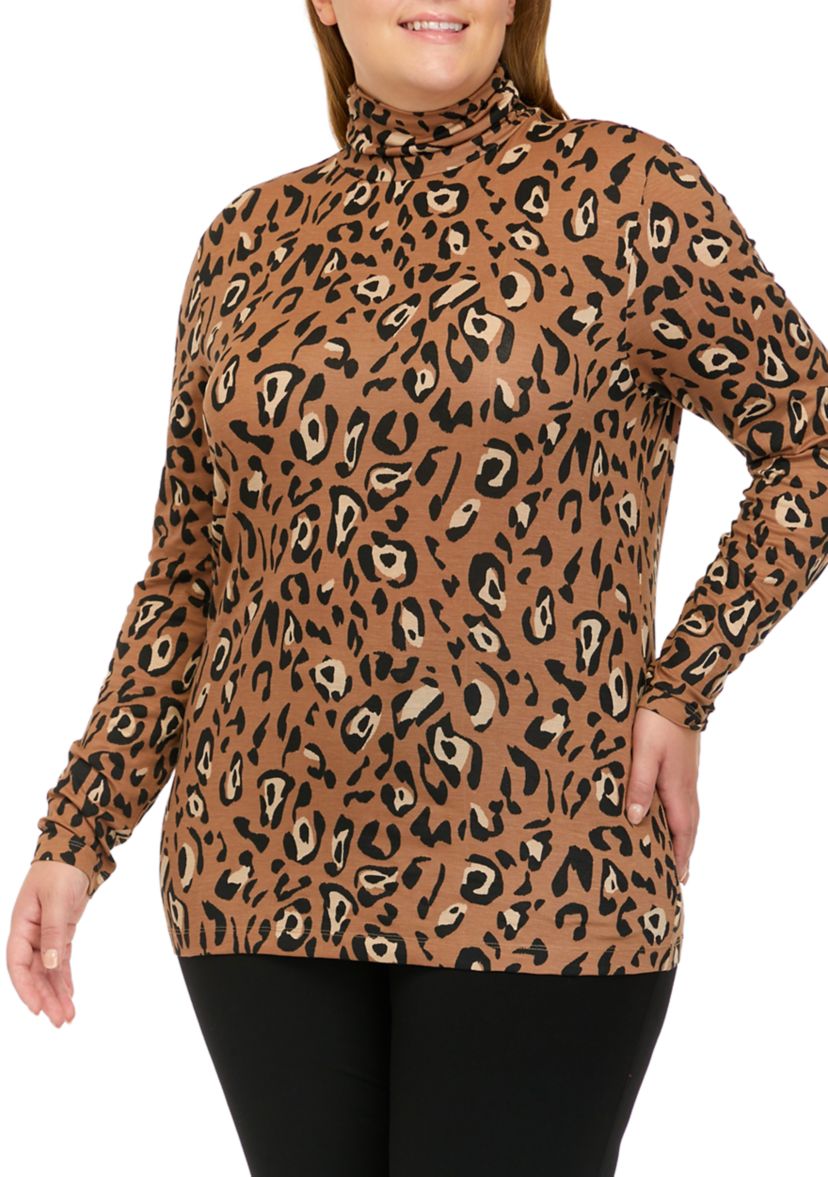 Plus Size Long Sleeve Ribbed Mock Print Top
