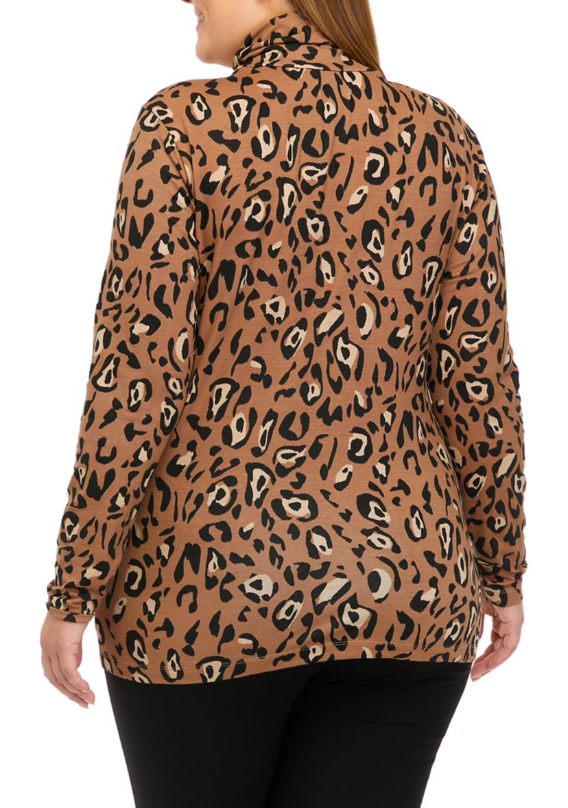Plus Size Long Sleeve Ribbed Mock Print Top